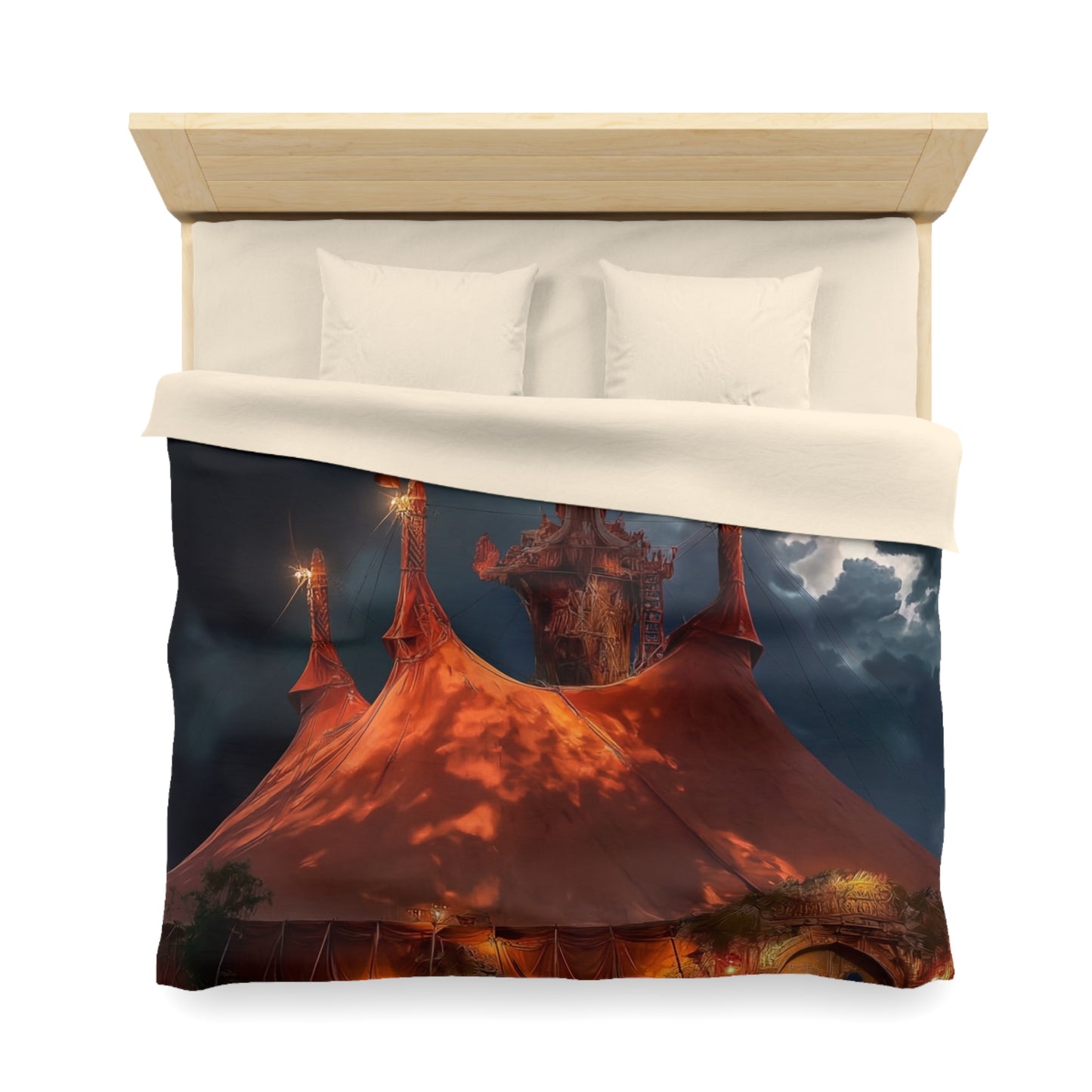 Crimson Carnival Tent Duvet Cover – City Lights Under Stormy Skies