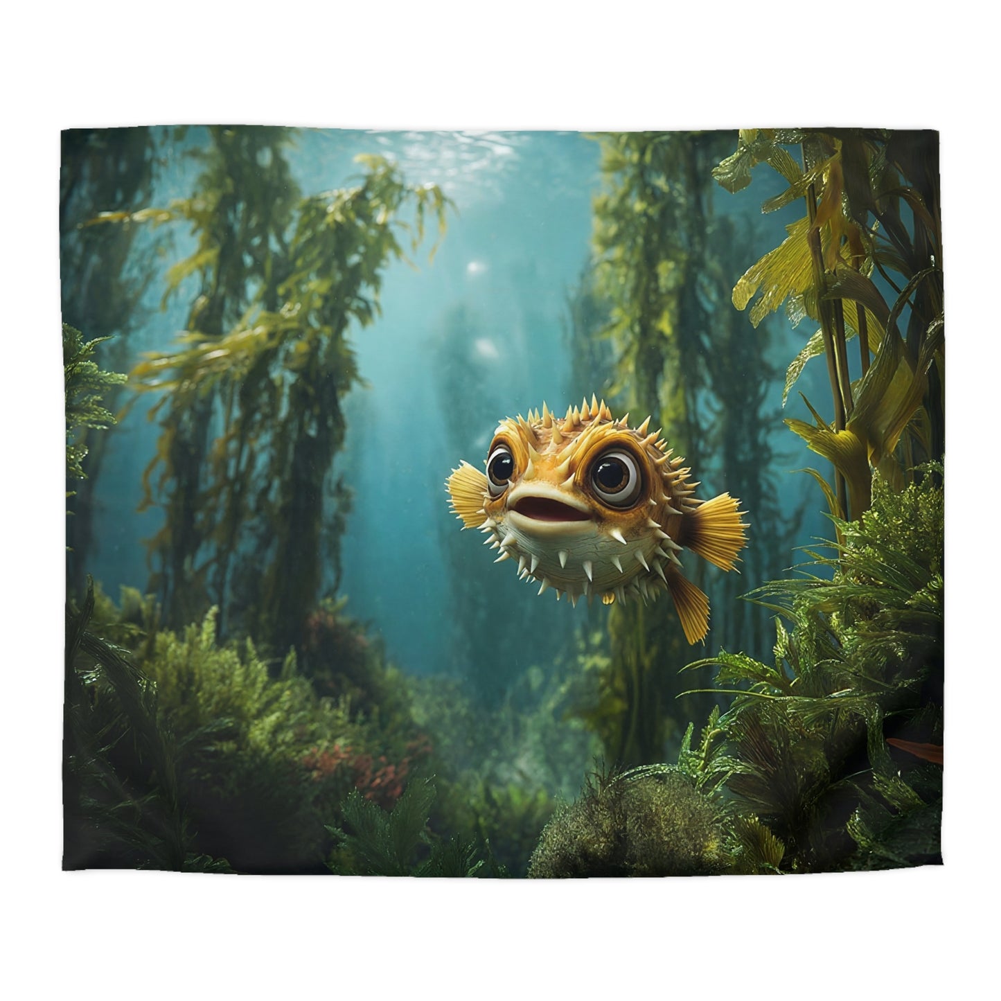 Sunlit Pufferfish Microfiber Duvet Cover – Whispering Kelp Forest Dreamscape