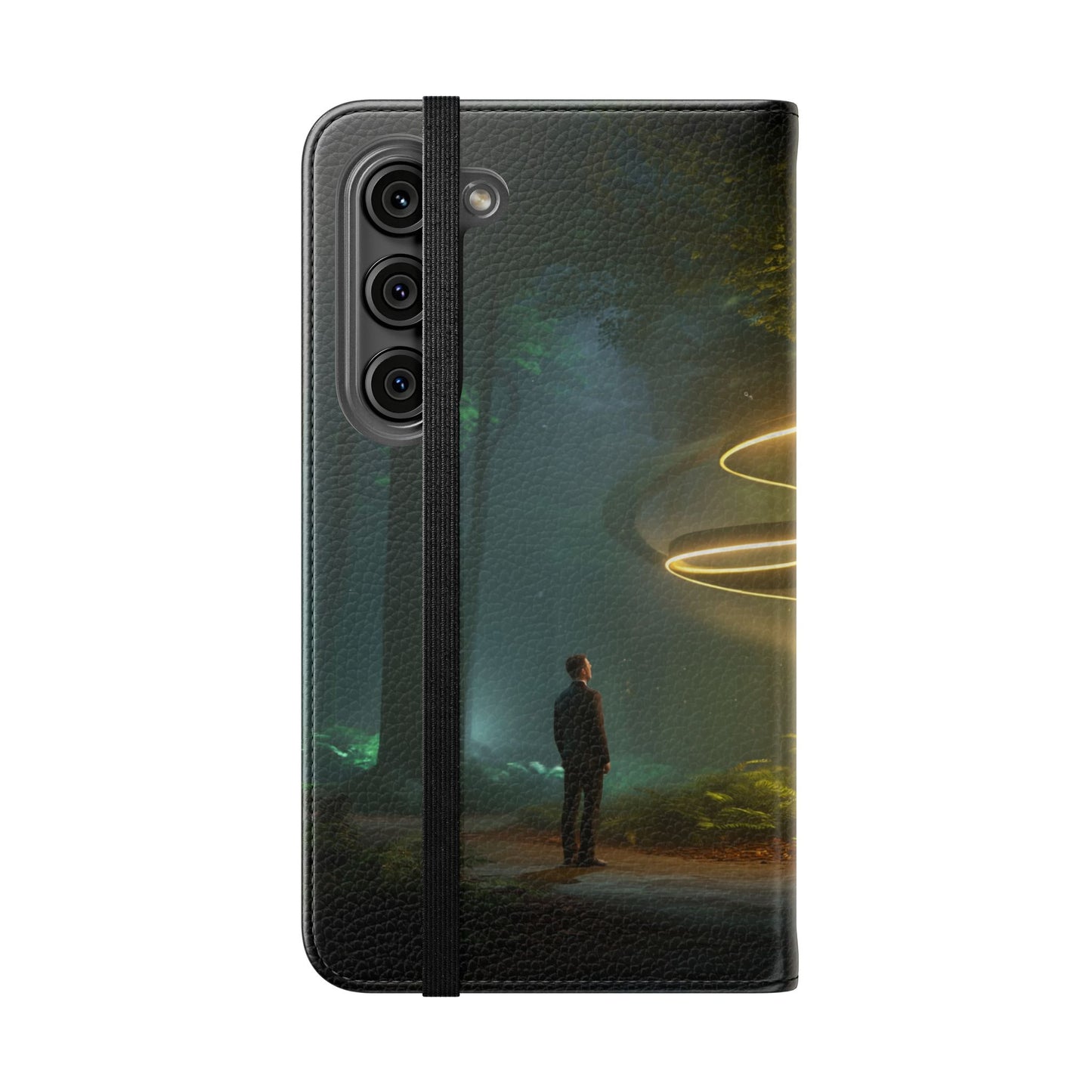 Luminous Spiral Forest Flip Cases – Golden Light Rings Mystery Scene