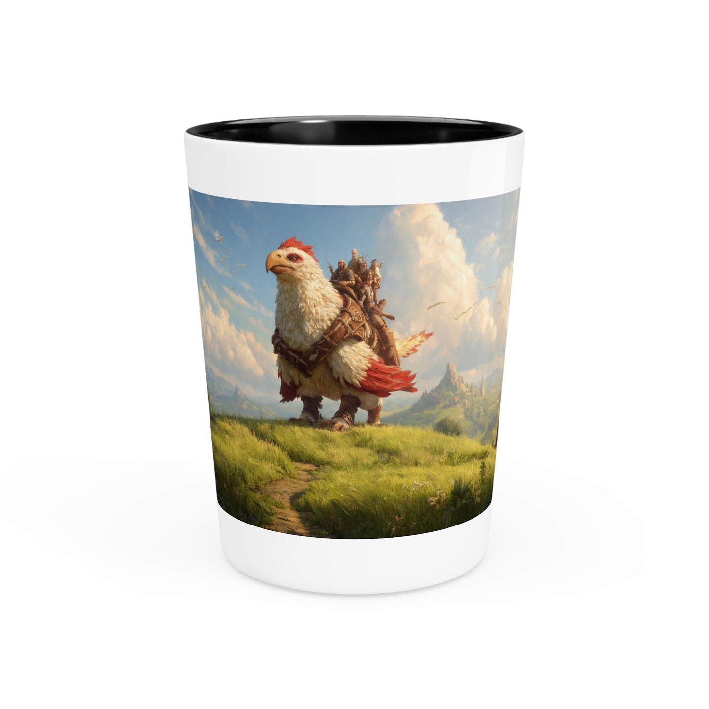 Skybound Eagle Rider Shot Glass – Crested Avian Sentinel on Sunlit Ridge