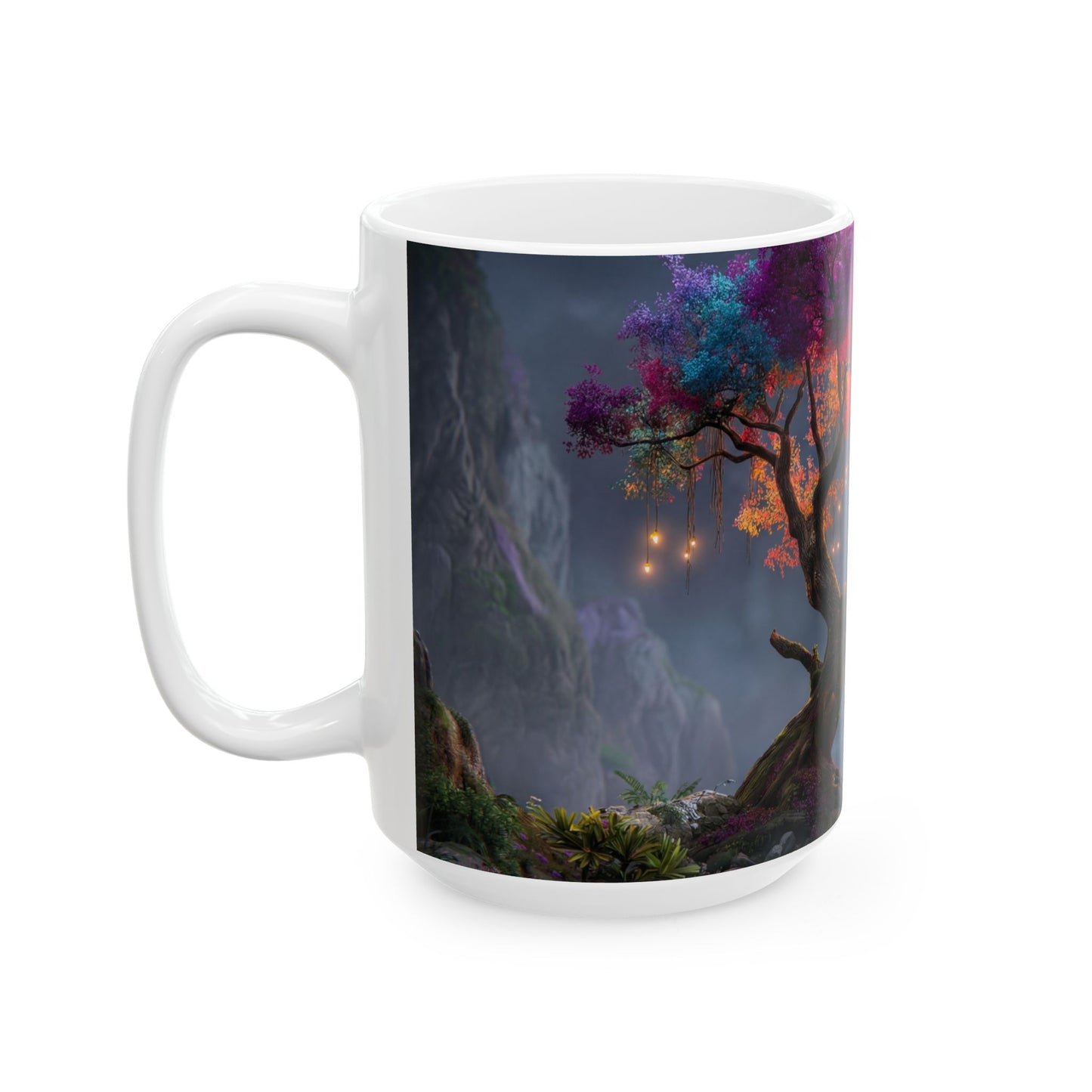Chromatic Dream Tree Ceramic Mug – Moonlit Rainbow Canopy