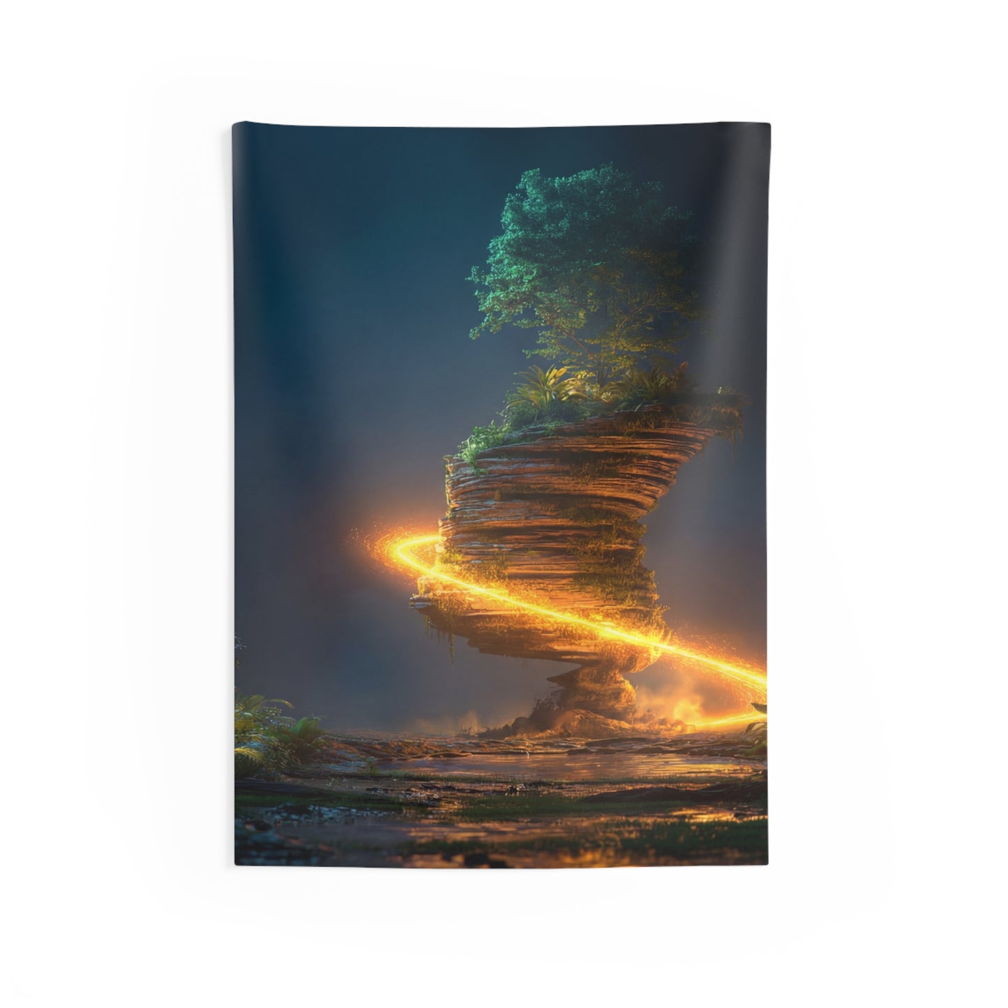 Floating Island Treehouse Tapestry – Celestial Glow Through Twilight Jungle