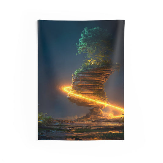 Floating Island Treehouse Tapestry – Celestial Glow Through Twilight Jungle