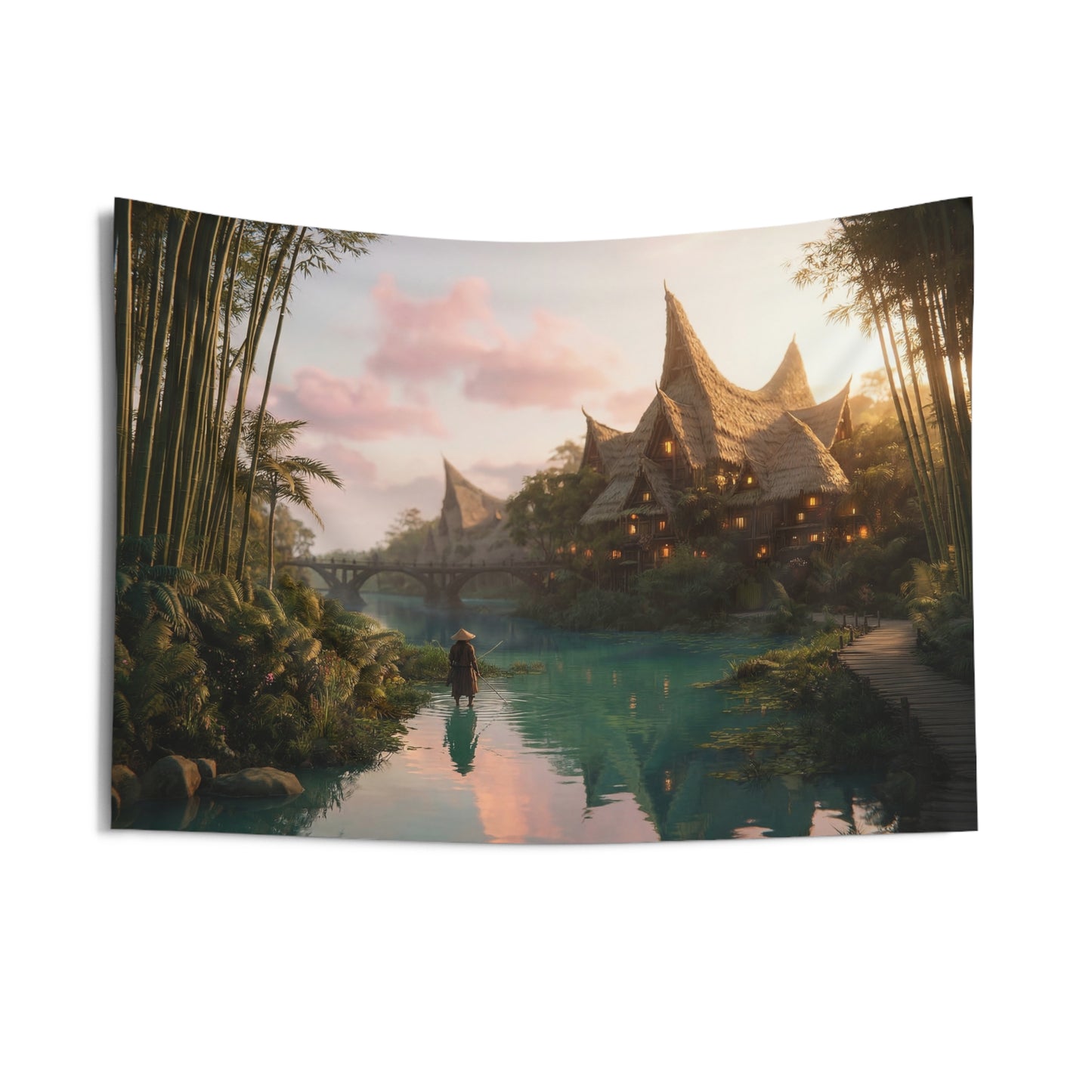 Bamboo River Village Tapestry – Twilight Serenity with Lantern-House Reflections