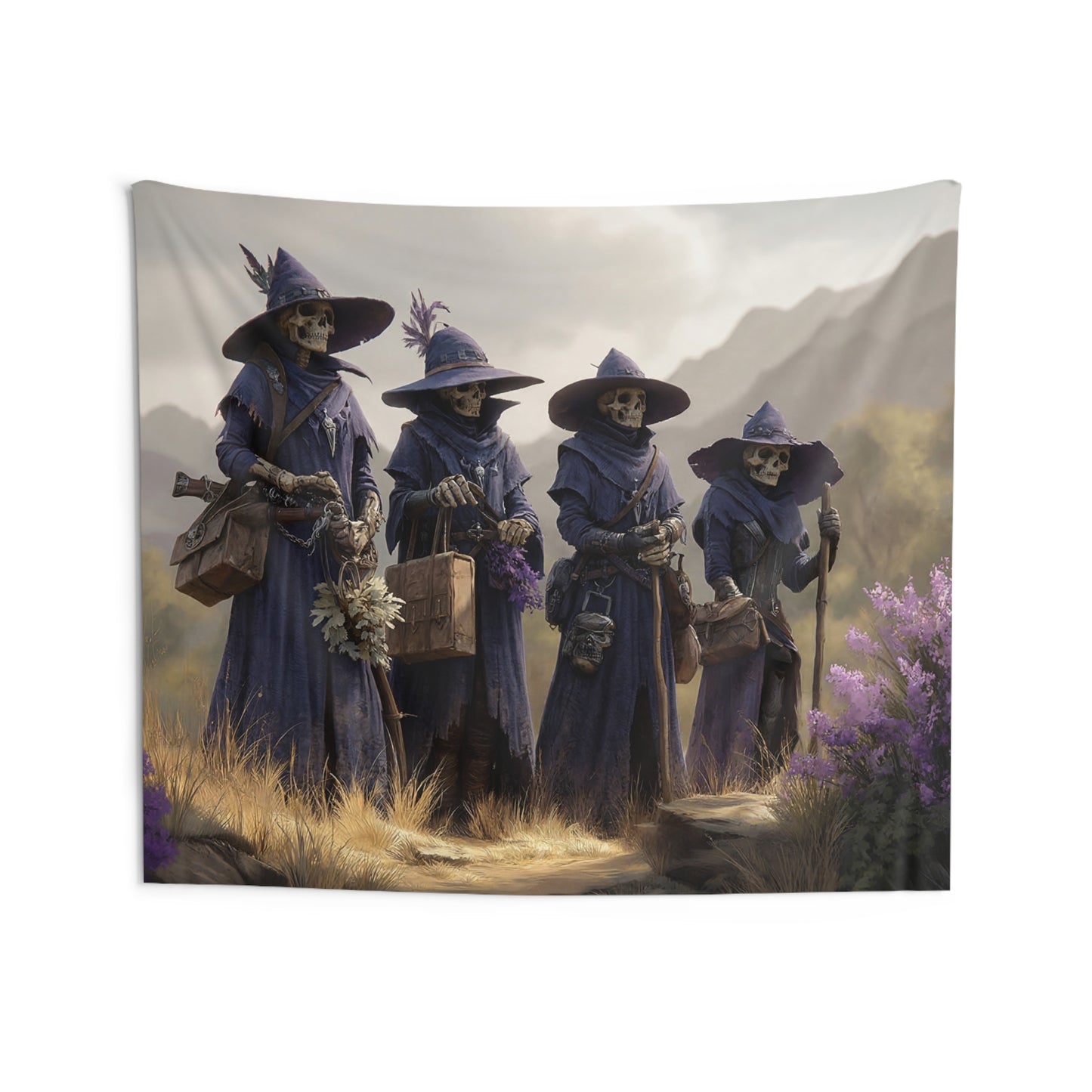 Four Wandering Witches Wall Tapestry – Purple Hooded Skeletal Pilgrims