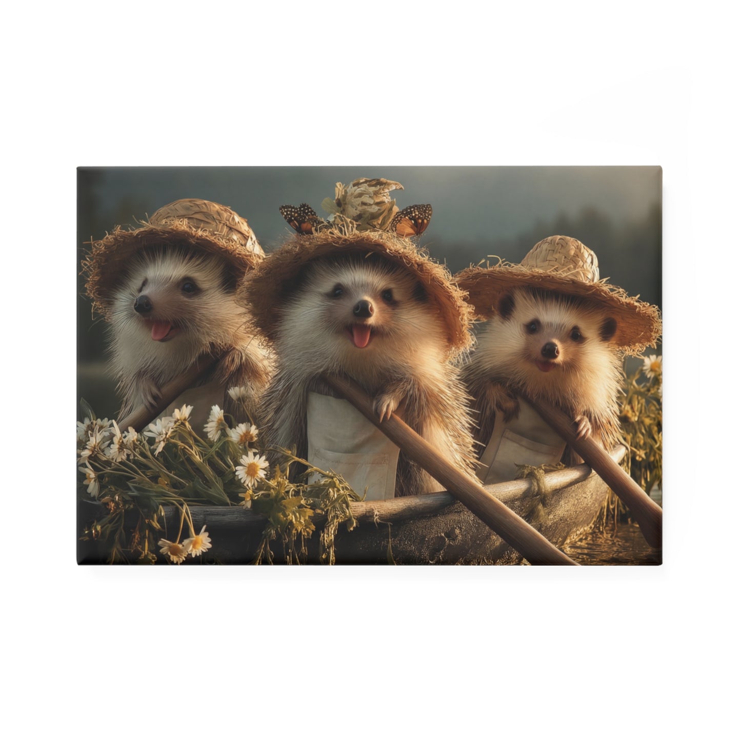 Three Hedgehog Rowers Button Magnet, Rectangle (1 & 10 pcs) – Golden Hour Pond Adventure