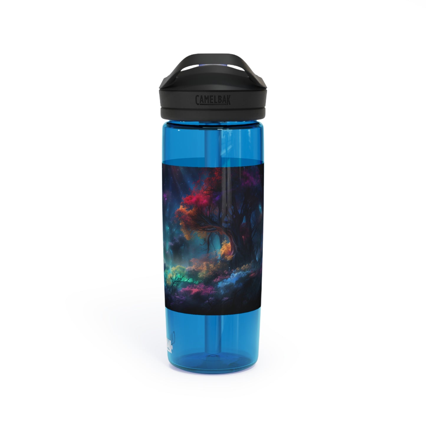 Panoramic digital art of an alien planet's mesmerizing bioluminescent forest, the towering trees adorned with glowing foliage in vivid shades of blue - CamelBak Eddy®  Water Bottle, 20oz\25oz