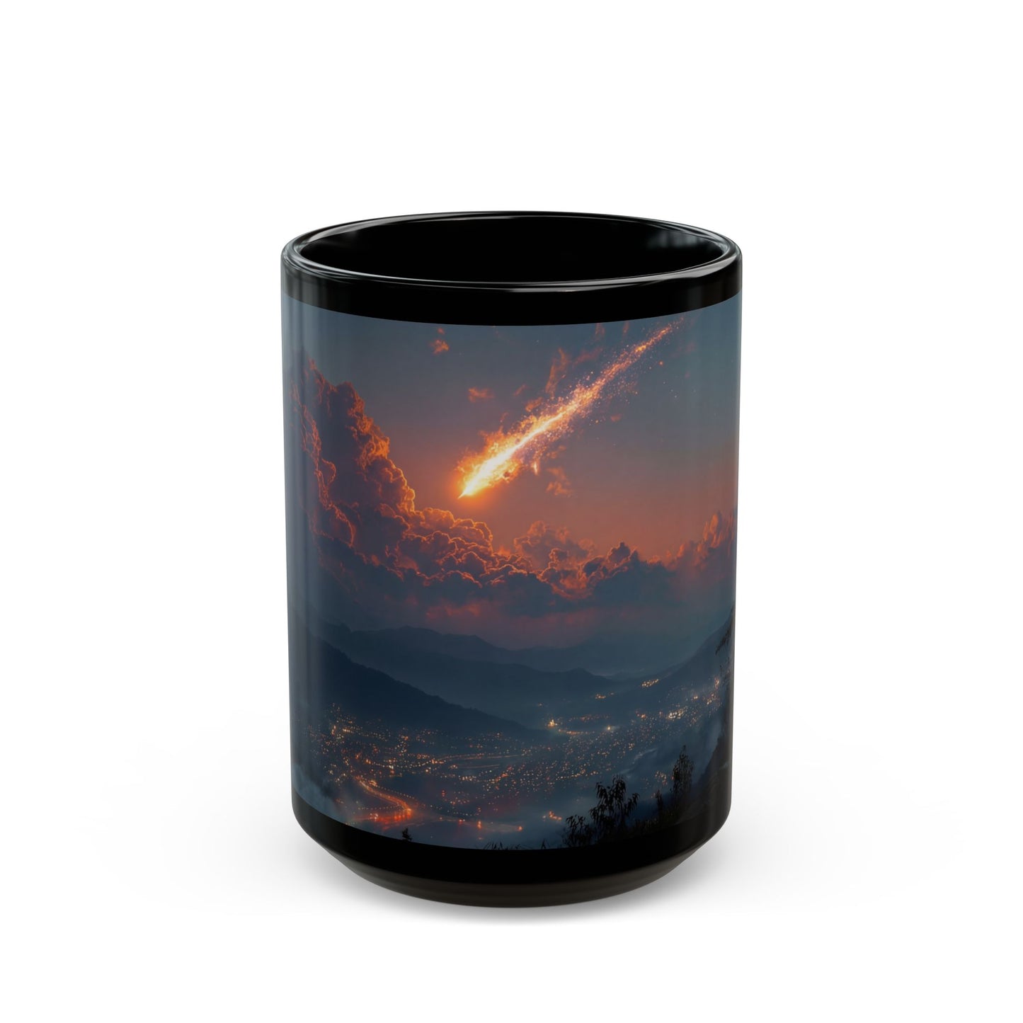 Celestial Fireball Black Mug – Twilight Skyfall Over Mountain Vale