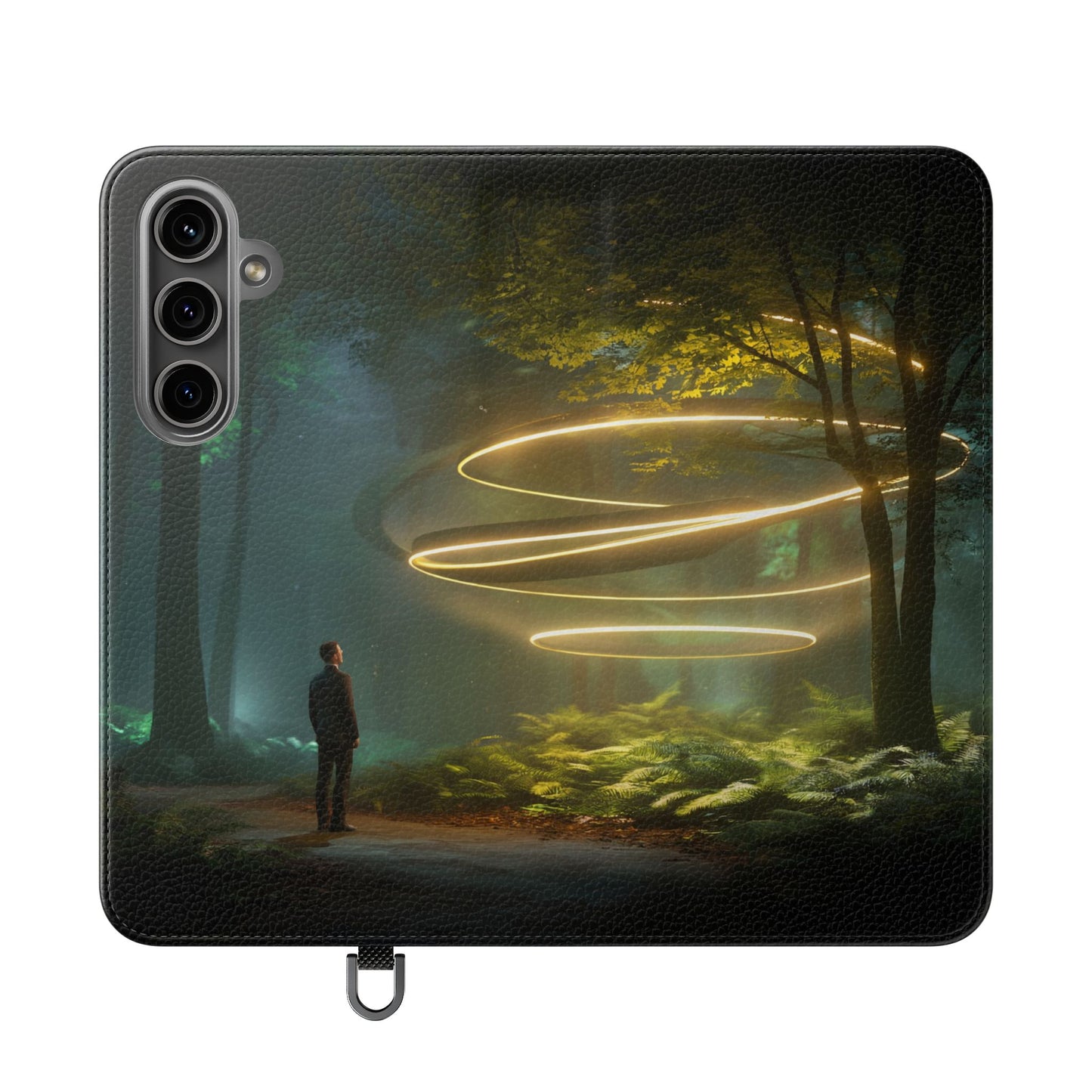 Luminous Spiral Forest Flip Cases – Golden Light Rings Mystery Scene