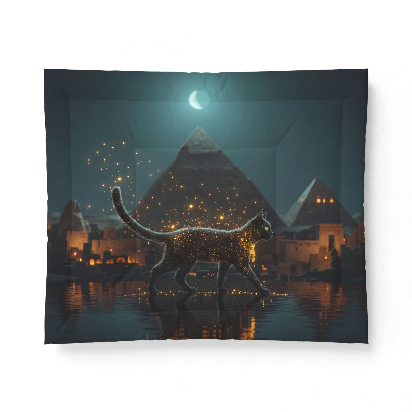 Midnight Sentinel Cotton Comforter – Golden Sphinx Cityscape