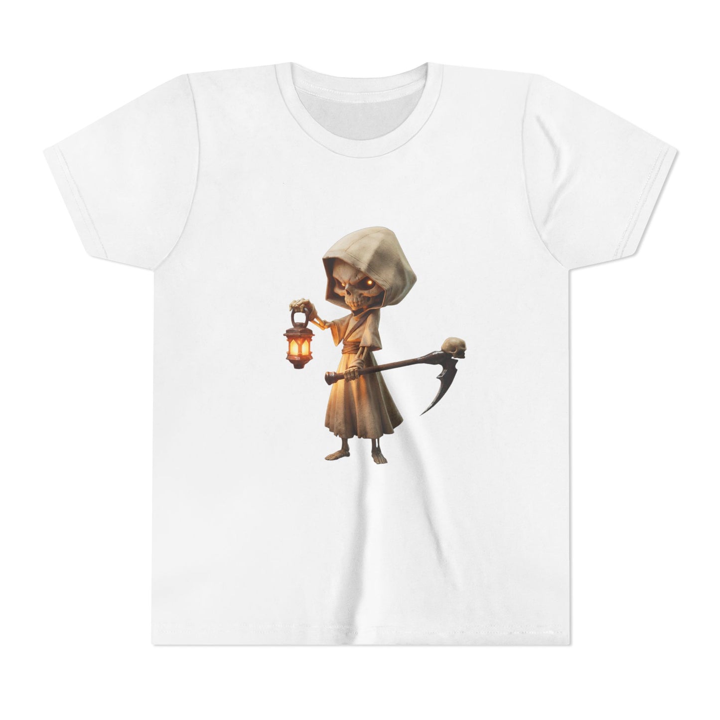 Lantern-Bearing Skeleton Youth Short Sleeve Tee – Hooded Reaper with Scythe