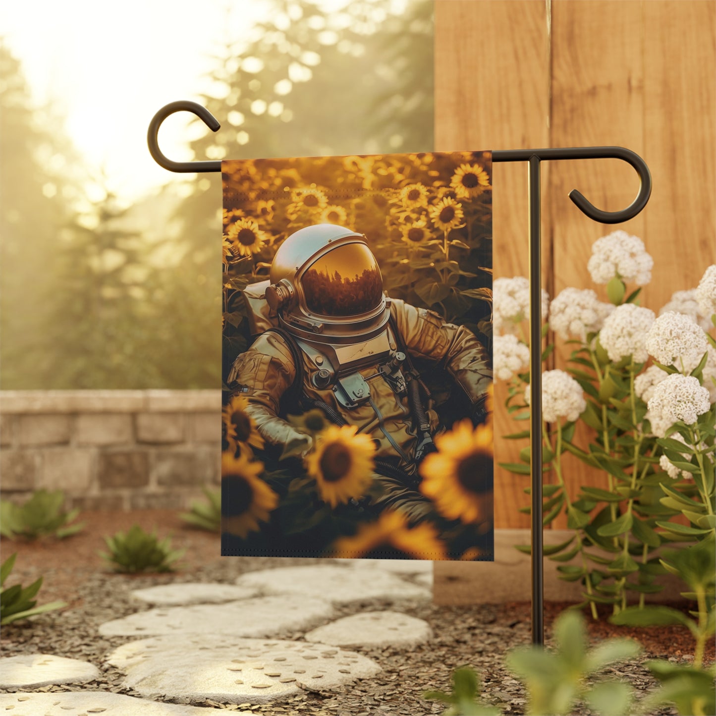 high texture quality photo of biomechanical astronaut lying in a meadow of sunflowers, golden hour, Leica 50mm, f1. 4, night - Garden & House Banner