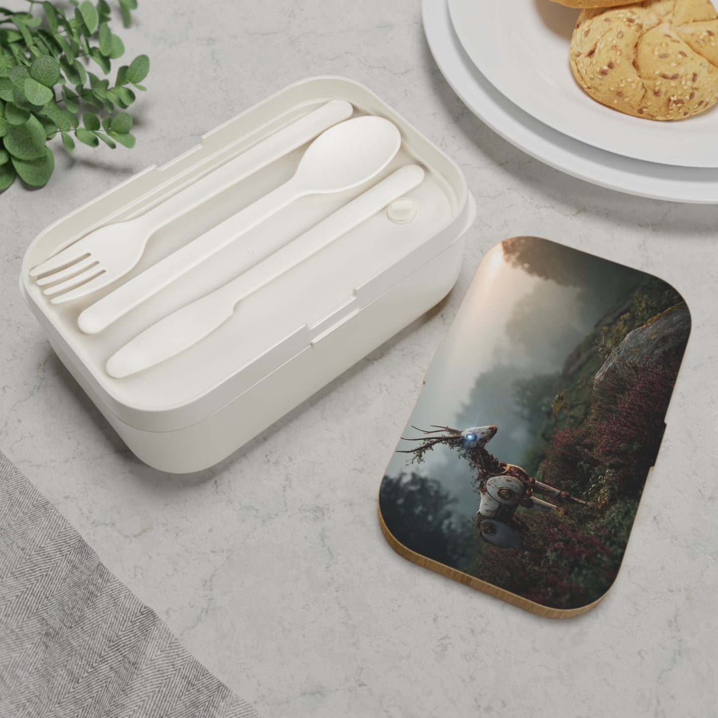 Cybernetic Stag Bento Lunch Box – Glowing Eye in the Misty Glen