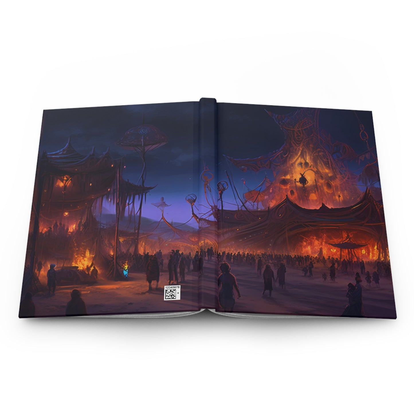 Digital painting of an awe-inspiring night scene at Burning Man, showcasing epic and intricate art installations - Hardcover Journal Matte