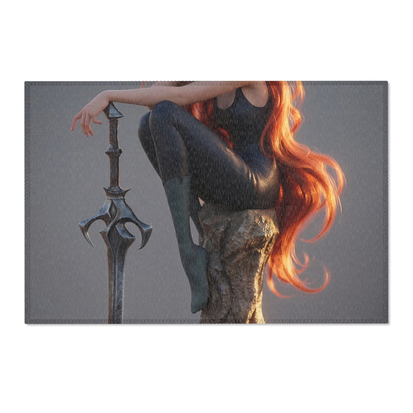 Red-Haired Sentinel Area Rug – Sunset Warrior’s Resting Place