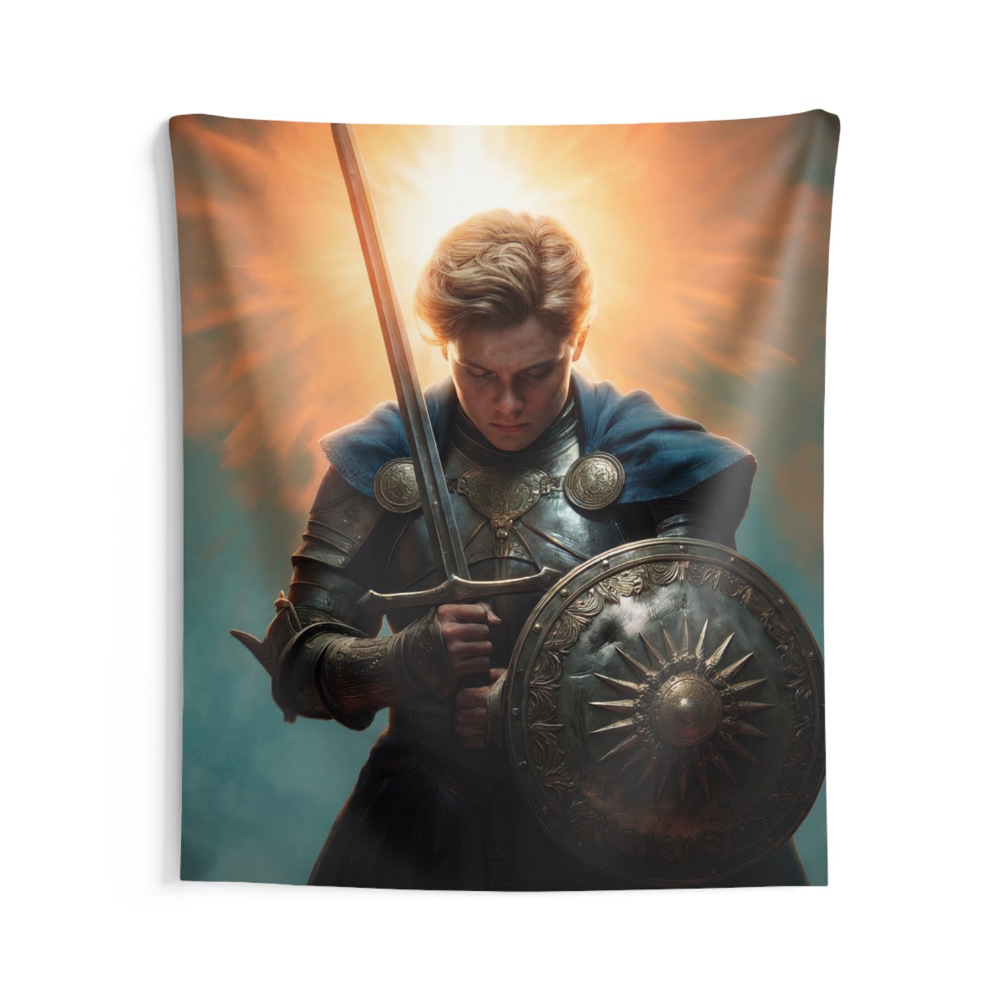 Radiant Knight Indoor Wall Tapestries – Dawn’s Last Light Before Battle