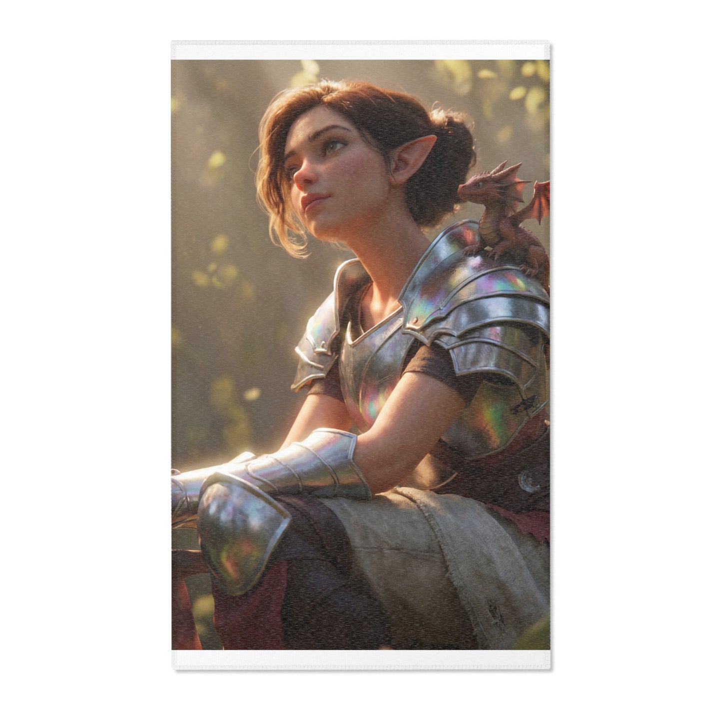 Elf Knight with Dragon Companion Area Rugs – Sunlit Forest Sanctuary