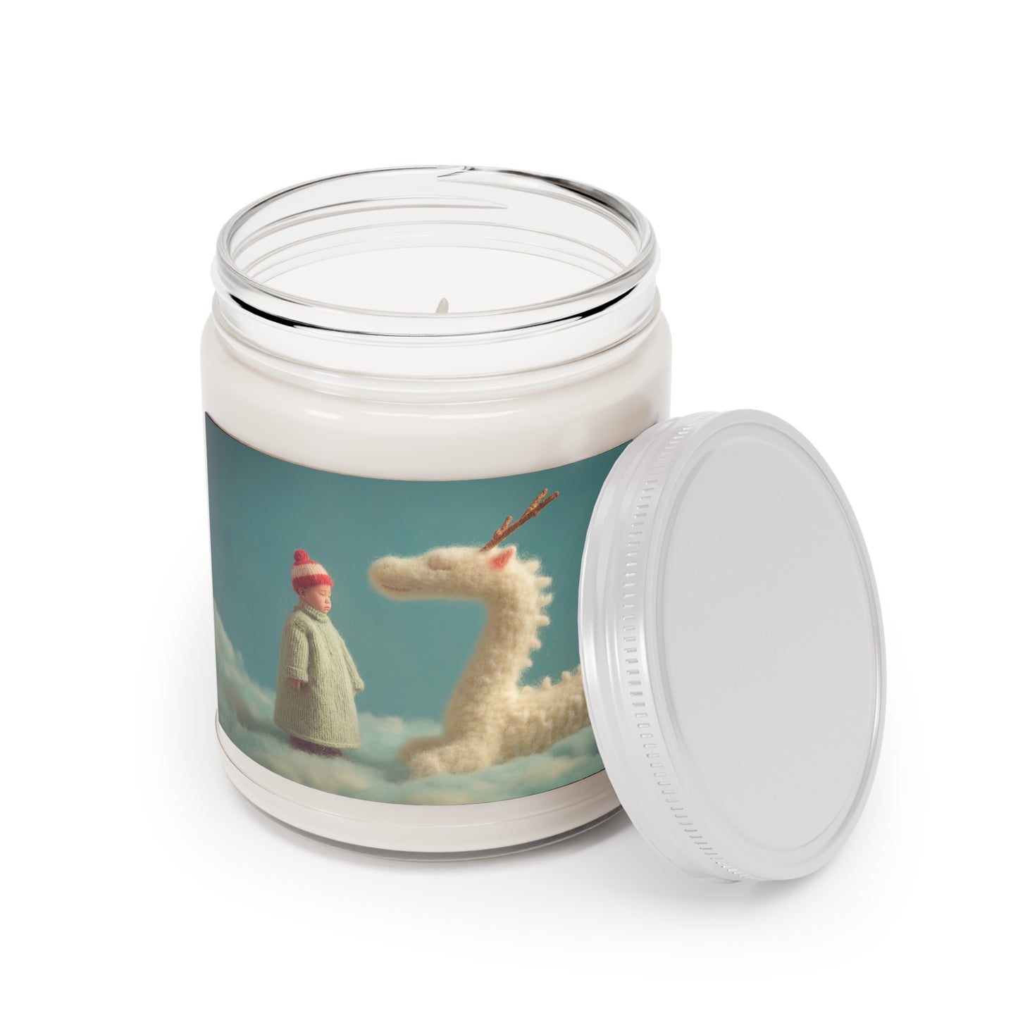 Child and Gentle Dragon Scented Soy Candles with White Lid, 9oz – Soft Wool Whispers on Clouds