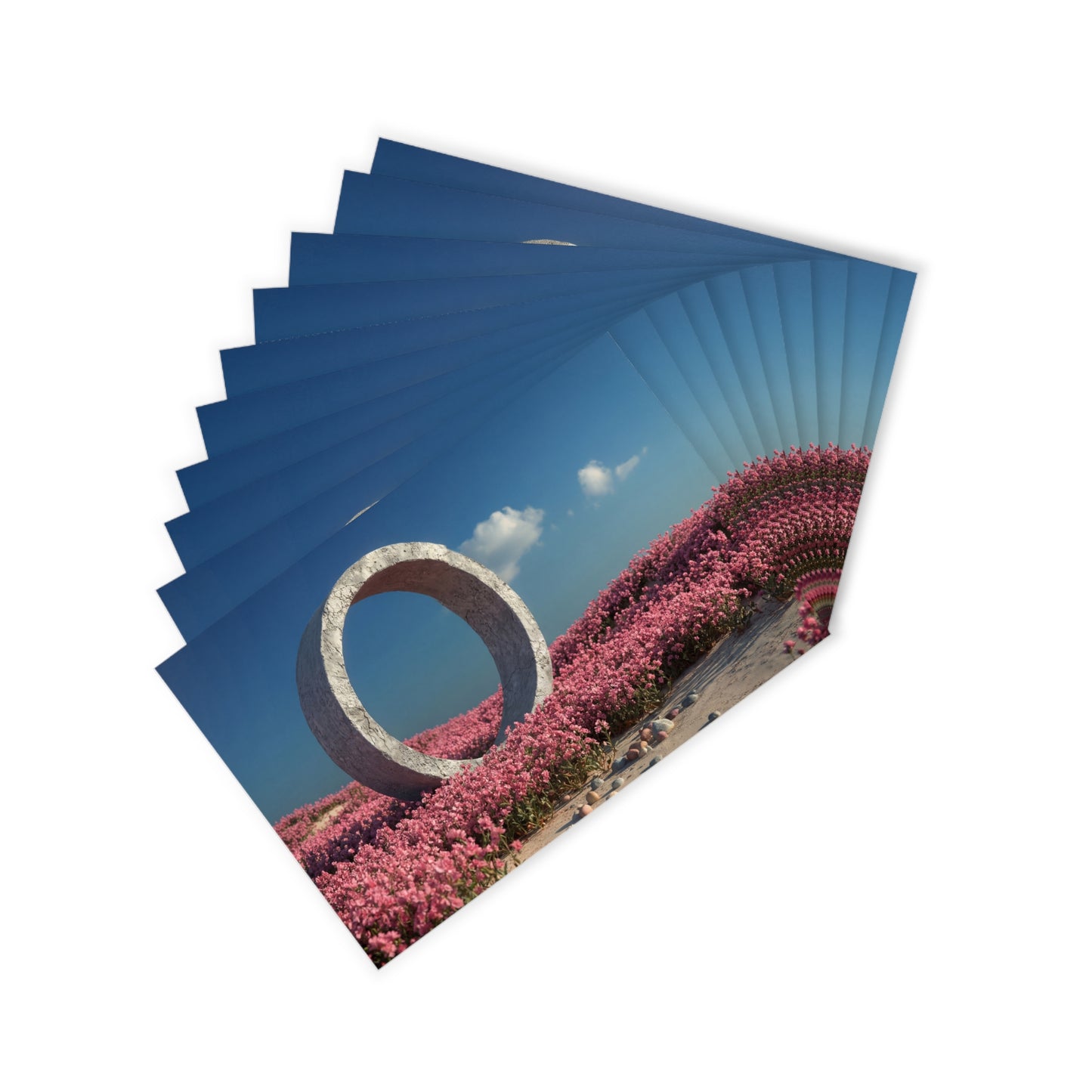 Concrete Portal Postcards (10pcs) – Stone Ring Amid Pink Blooms