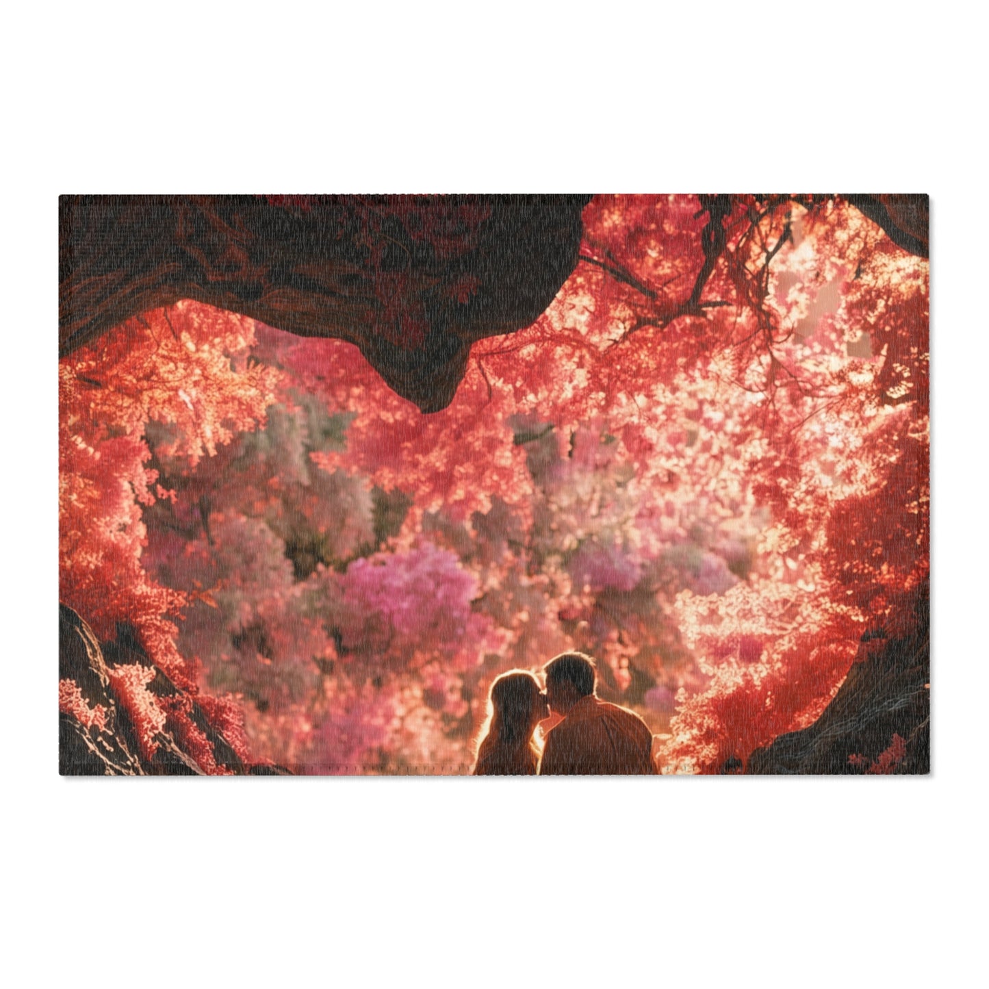 Crimson Canopy Love Rug – Sunset Embrace Under Whispering Trees