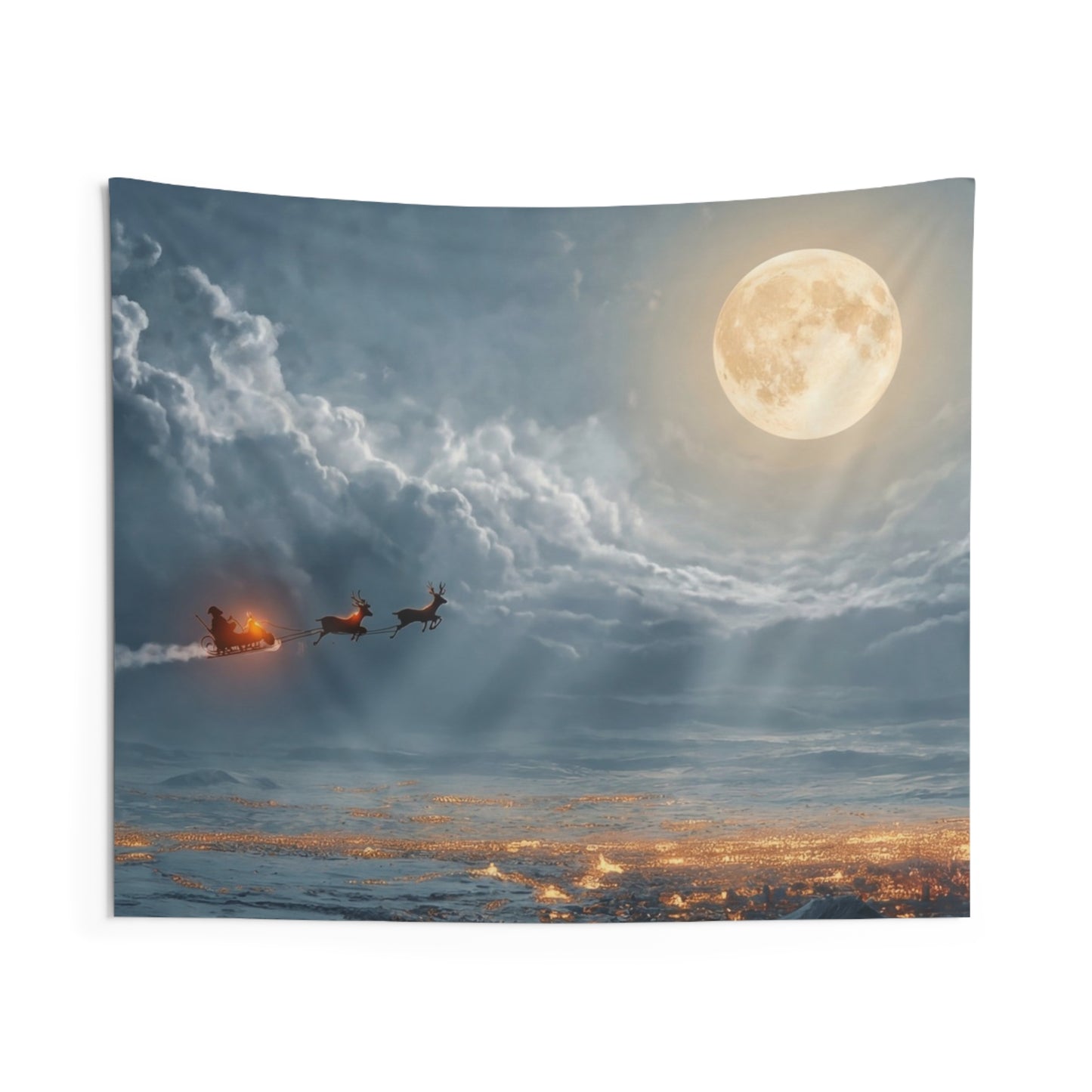 Moonlit Sleigh Ride Indoor Wall Tapestries – Winter’s Silent Journey Over Snow-Covered Town