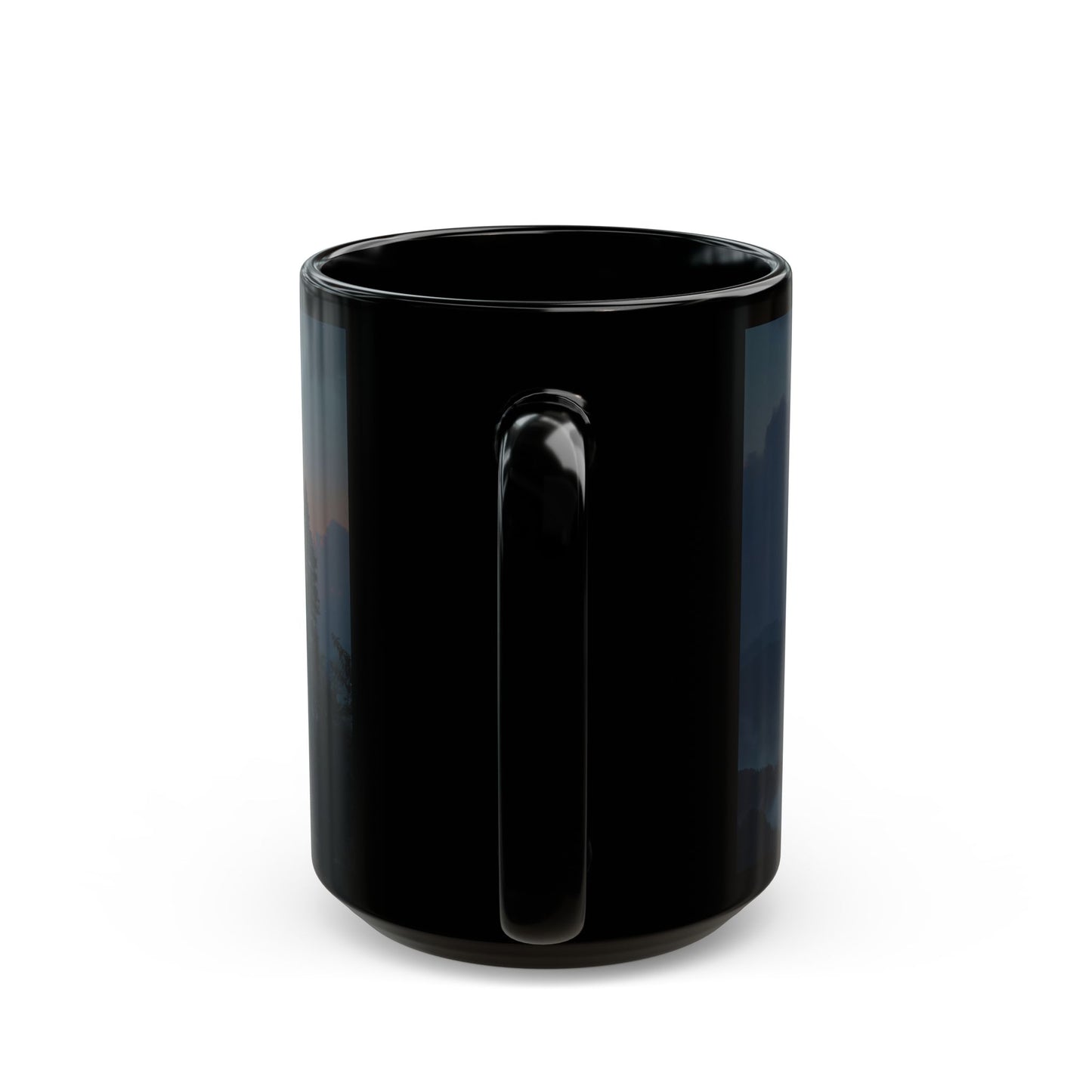 Celestial Fireball Black Mug – Twilight Skyfall Over Mountain Vale