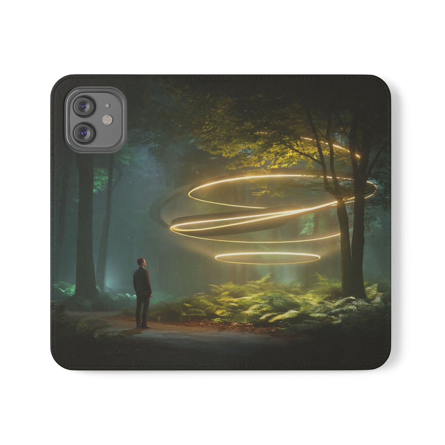 Luminous Spiral Forest Flip Cases – Golden Light Rings Mystery Scene