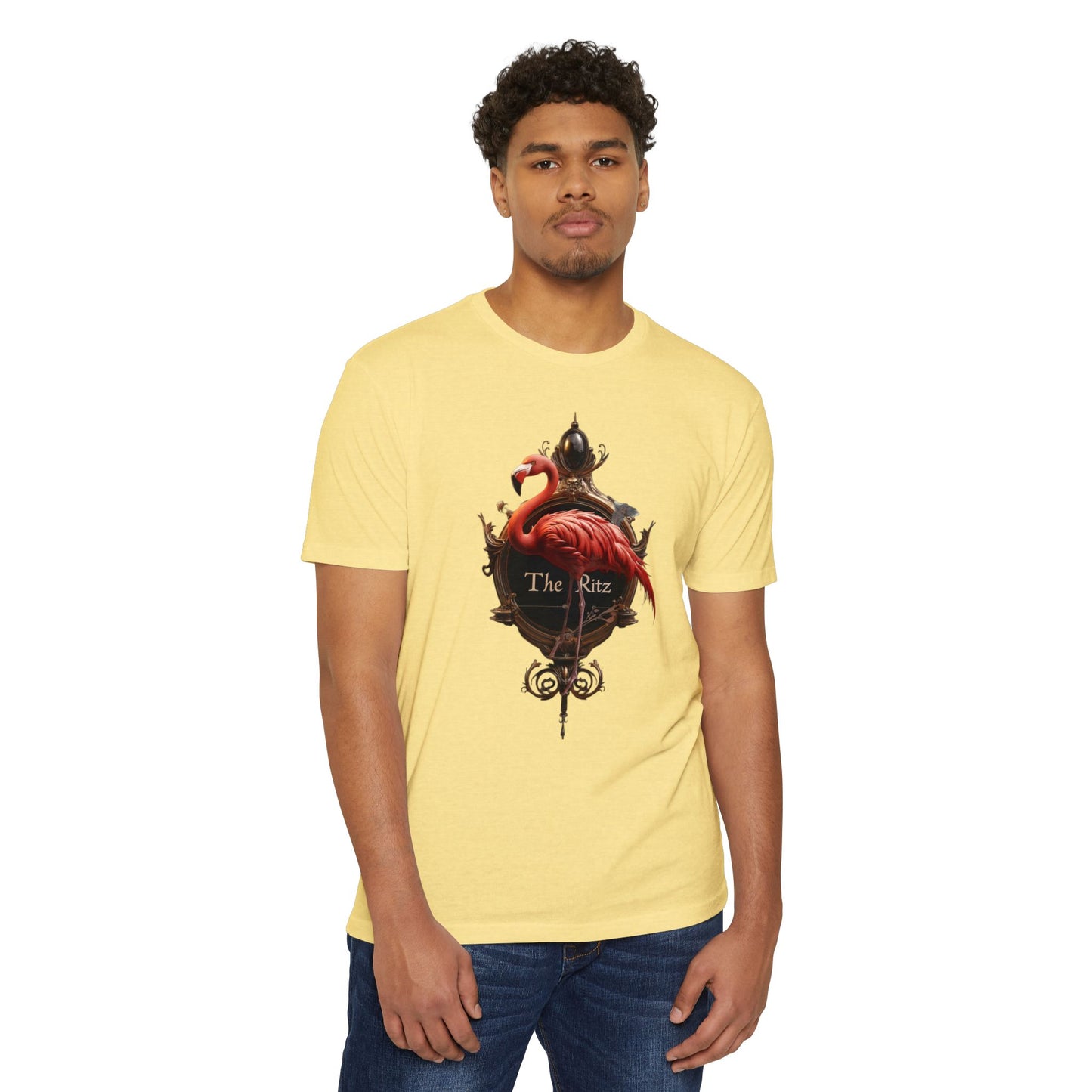 The Ritz Flamingo Ornate Clock T-shirt – Gilded Timepiece and Pink Bird Design