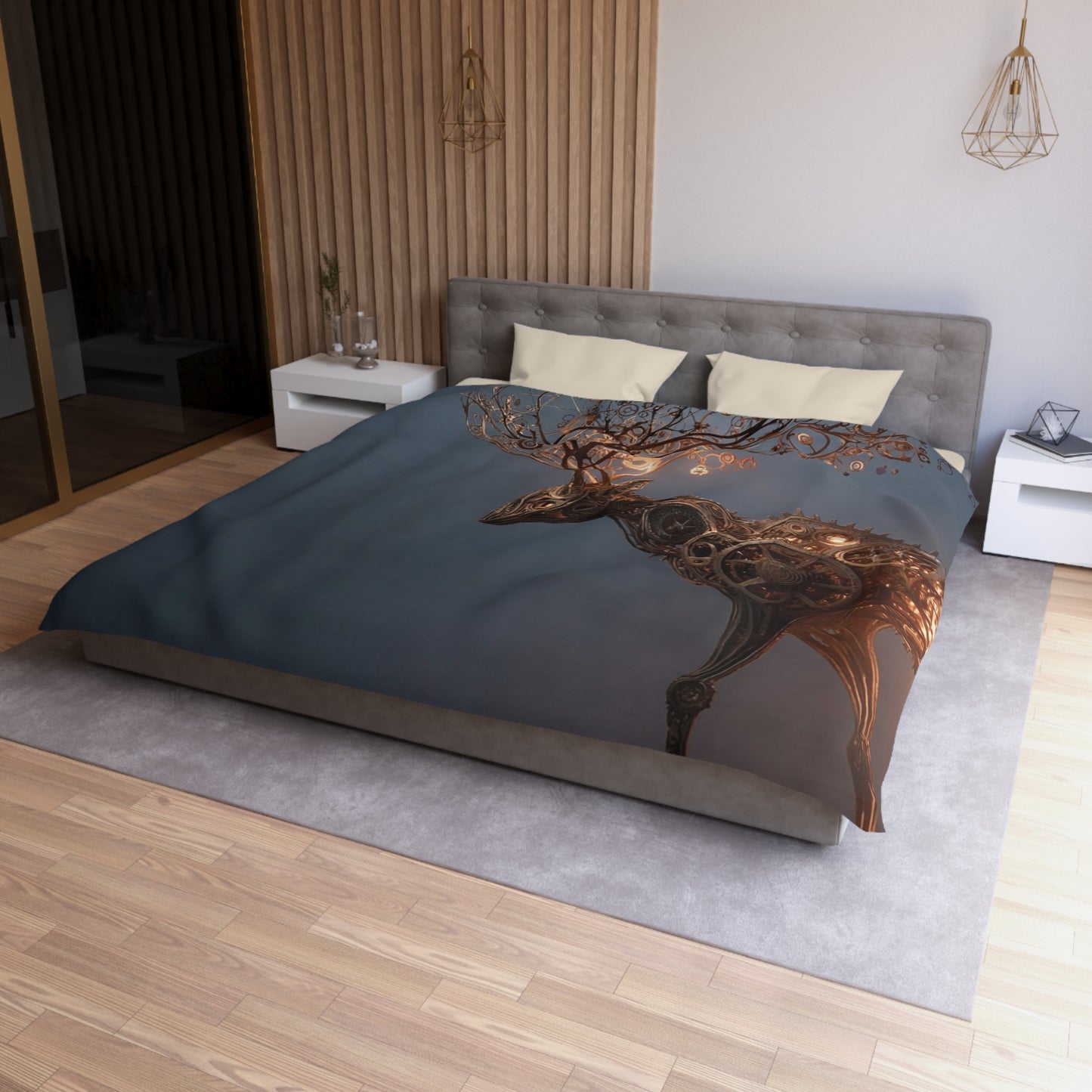 Clockwork Stag Microfiber Duvet Cover – Luminescent Forest Guardian