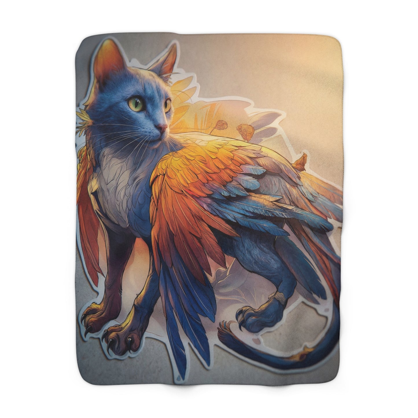 Azure Skywing Cat Sherpa Fleece Blanket – Sunset Feathers & Quiet Vigilance