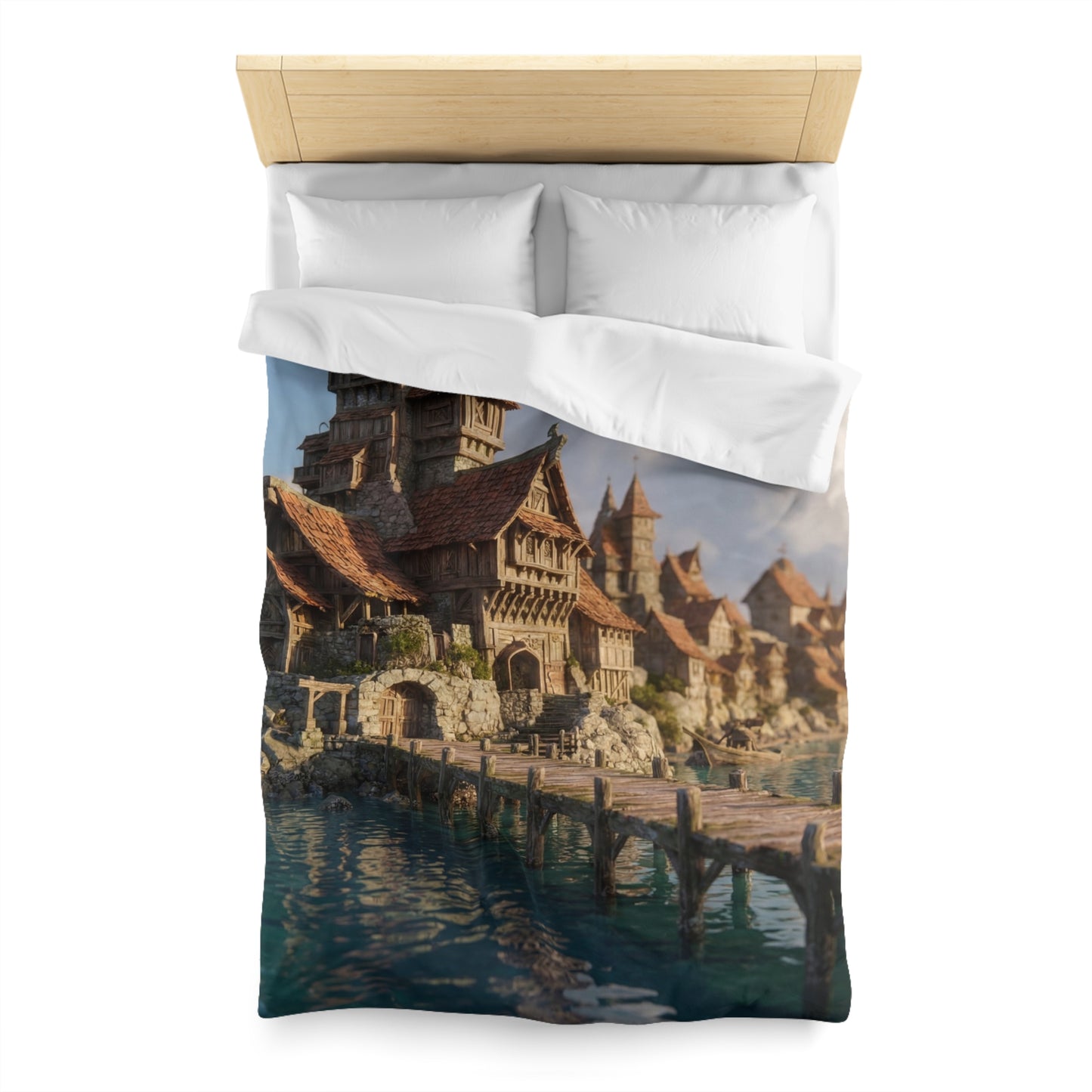 Seafarer’s Haven Microfiber Duvet Cover – Sunlit Harbor Dreamscape