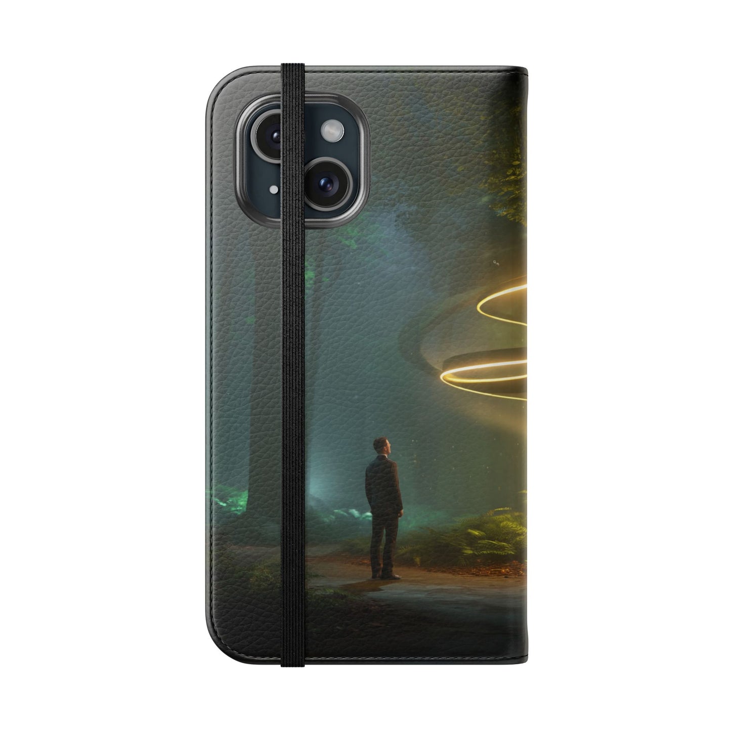 Luminous Spiral Forest Flip Cases – Golden Light Rings Mystery Scene