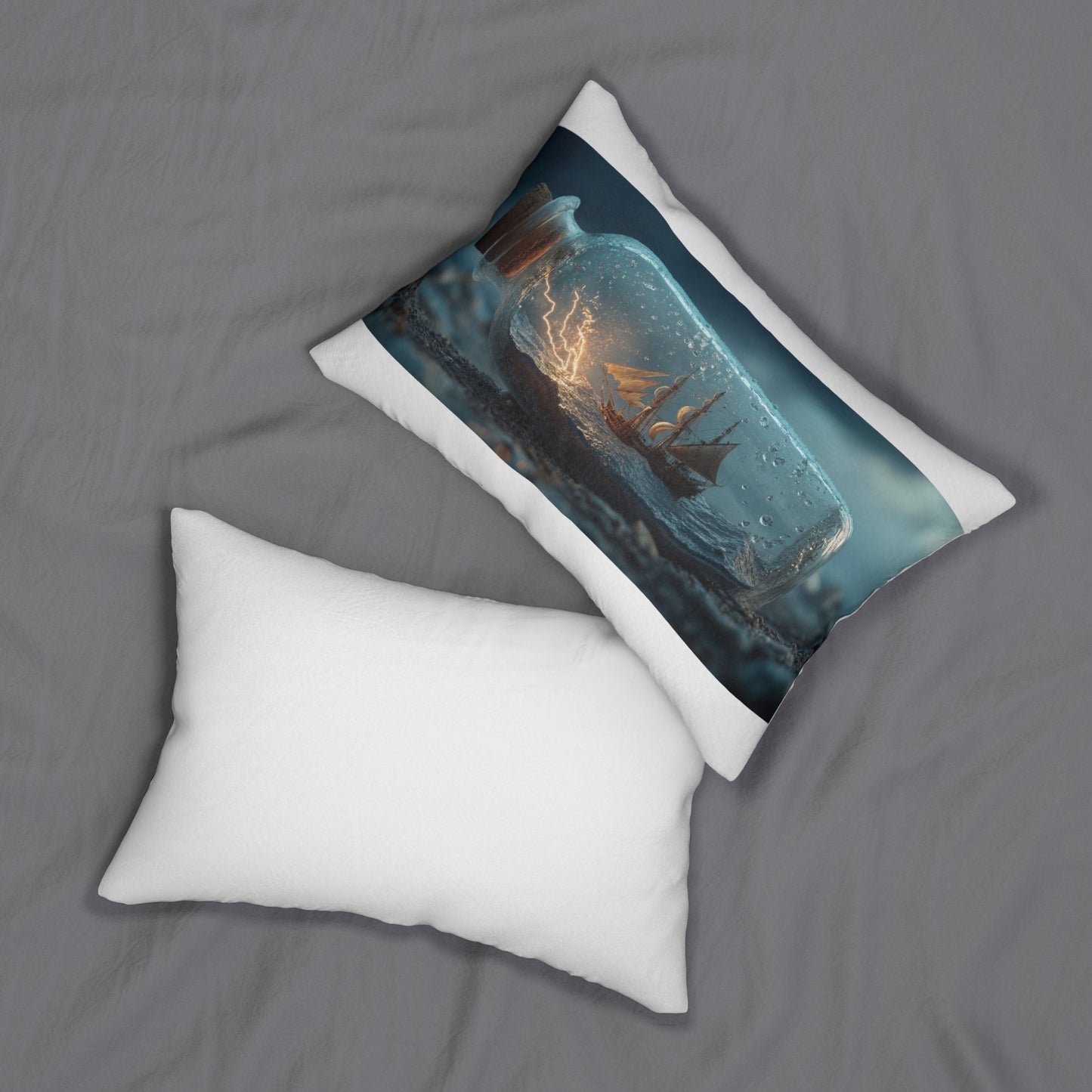 Storm-Sailed Ship in Bottle Lumbar Pillow – Tiny Sea’s Electric Whisper