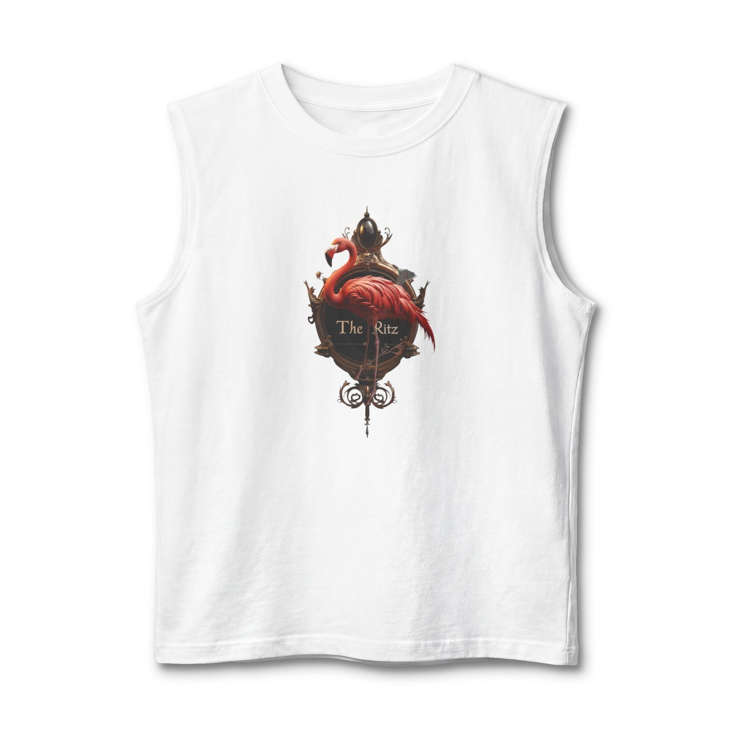 Crimson Flamingo Ritz Tank – Opulent Gold Signage Graphic