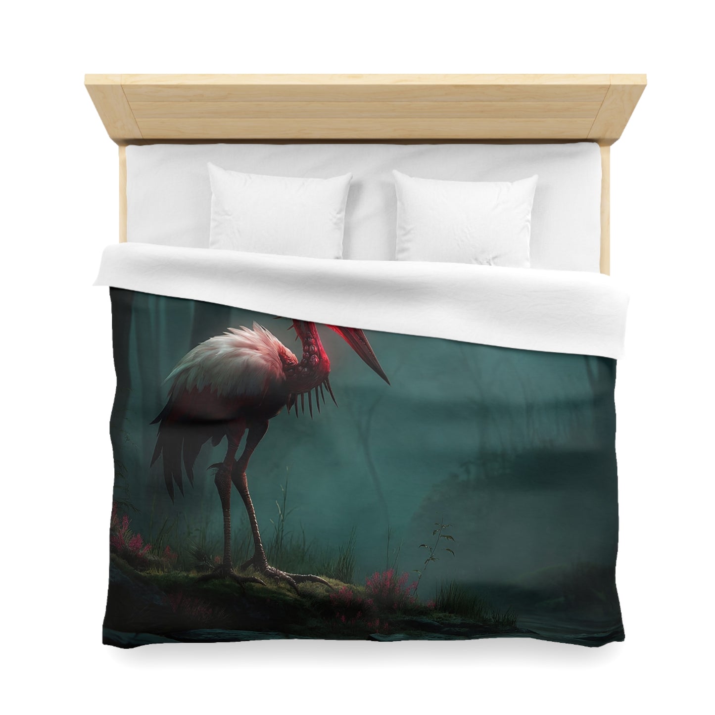 Crimson Sentinel Crane Microfiber Duvet Cover – Whispering Forest Guardian