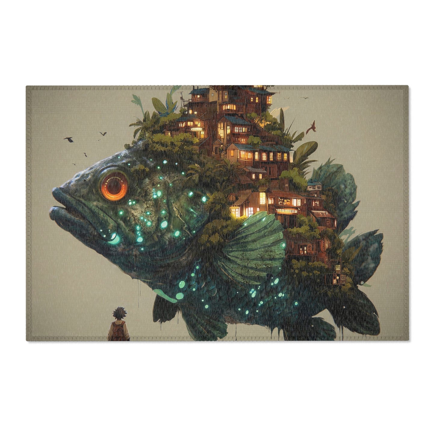 Giant Bioluminescent Fish Home Rug – Whimsical Underwater Village Dreamscape