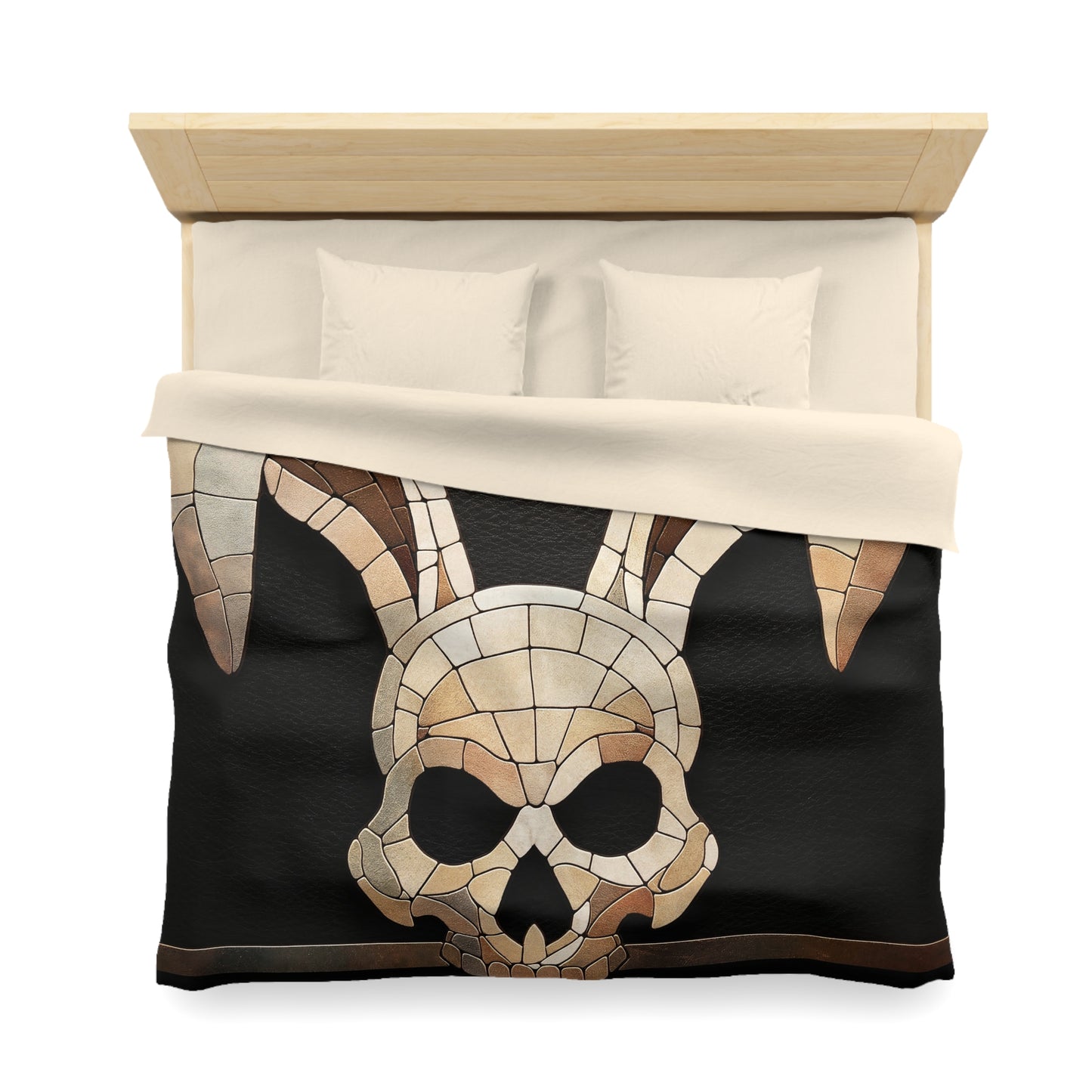 Mosaic Rabbit Skull Duvet Cover – Whimsical Bone Motif in Earth Tones