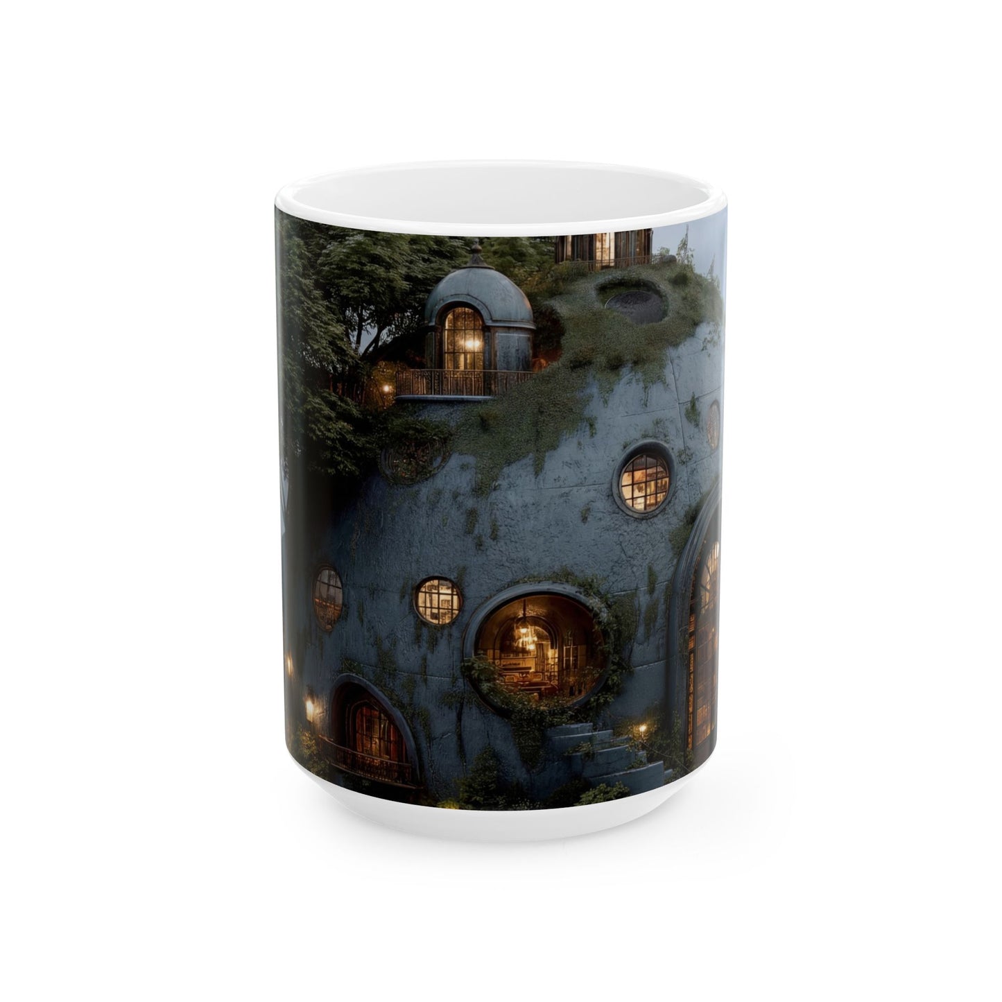 Sky-Rooted Dome House Ceramic Mug – Twilight Haven in Stone and Moss