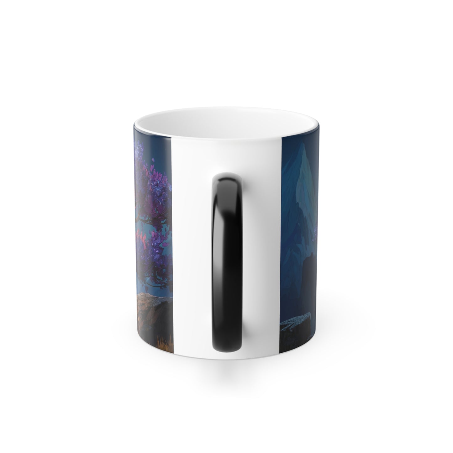 Title: Twilight Bloom Color Morphing Mug, 11oz – Purple and Gold Mountain Sunset