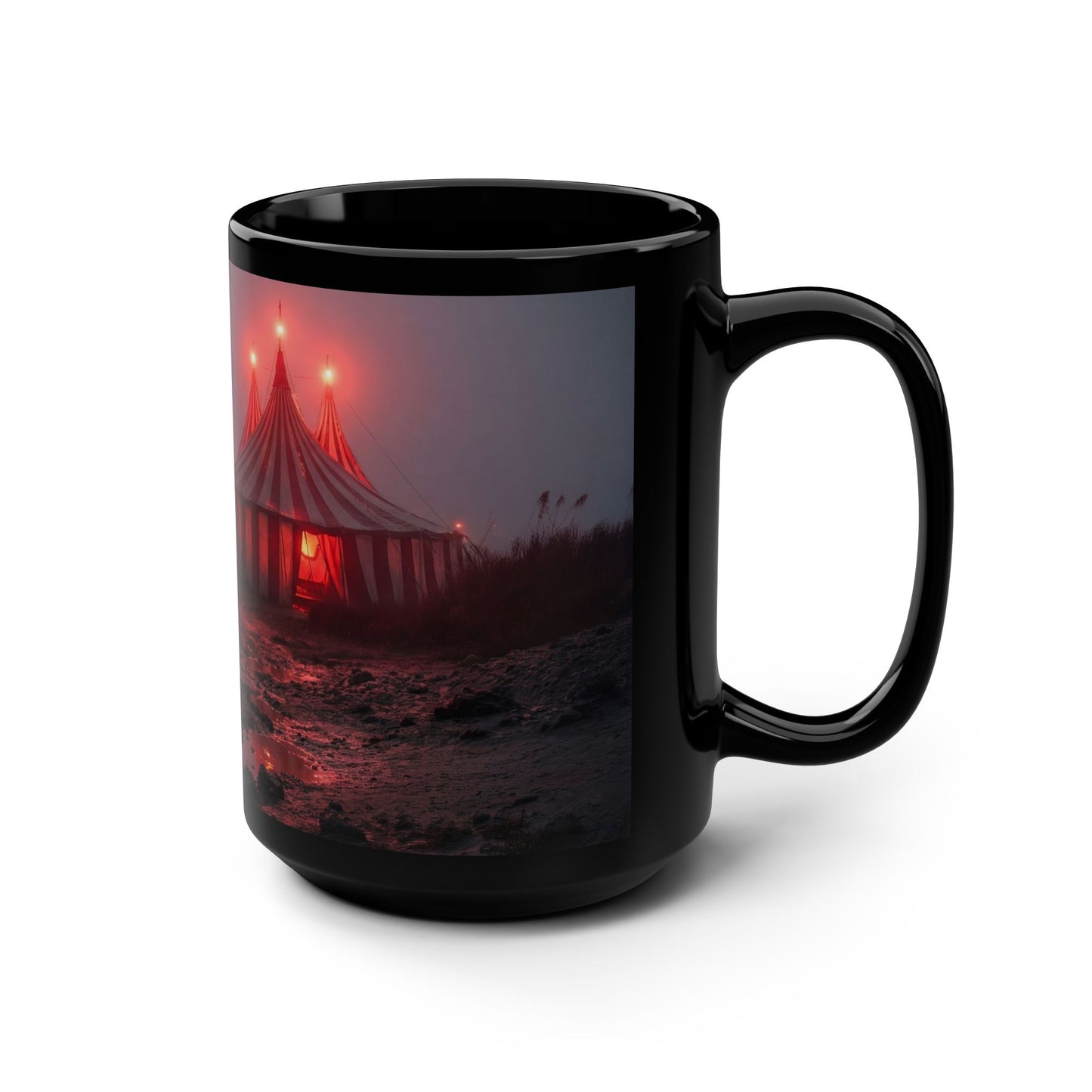 Crimson Circus Tent Mug – Red-Striped Tentside Lantern at Twilight