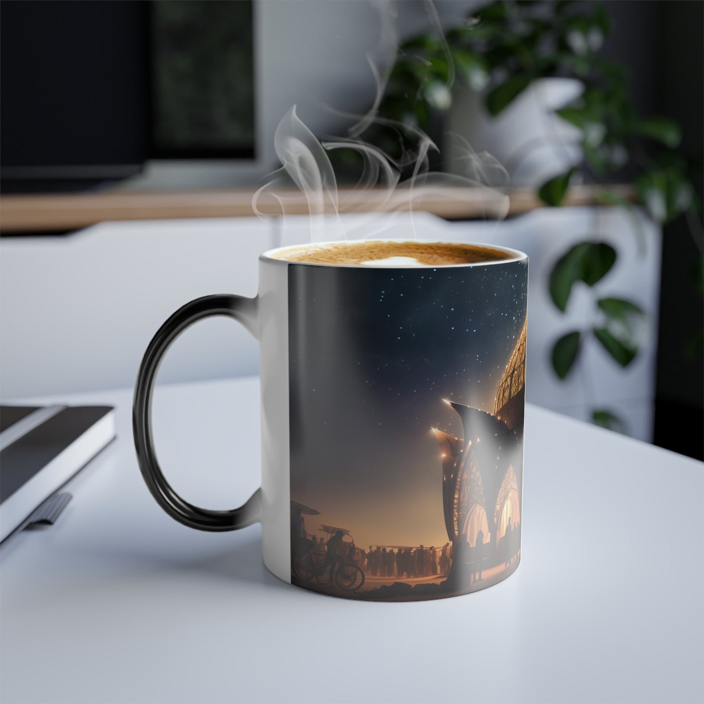 A celestial observatory materializing in the heart of the Burning Man festival, its intricate architecture inspiring awe and wonder. - Color Morphing Mug, 11oz