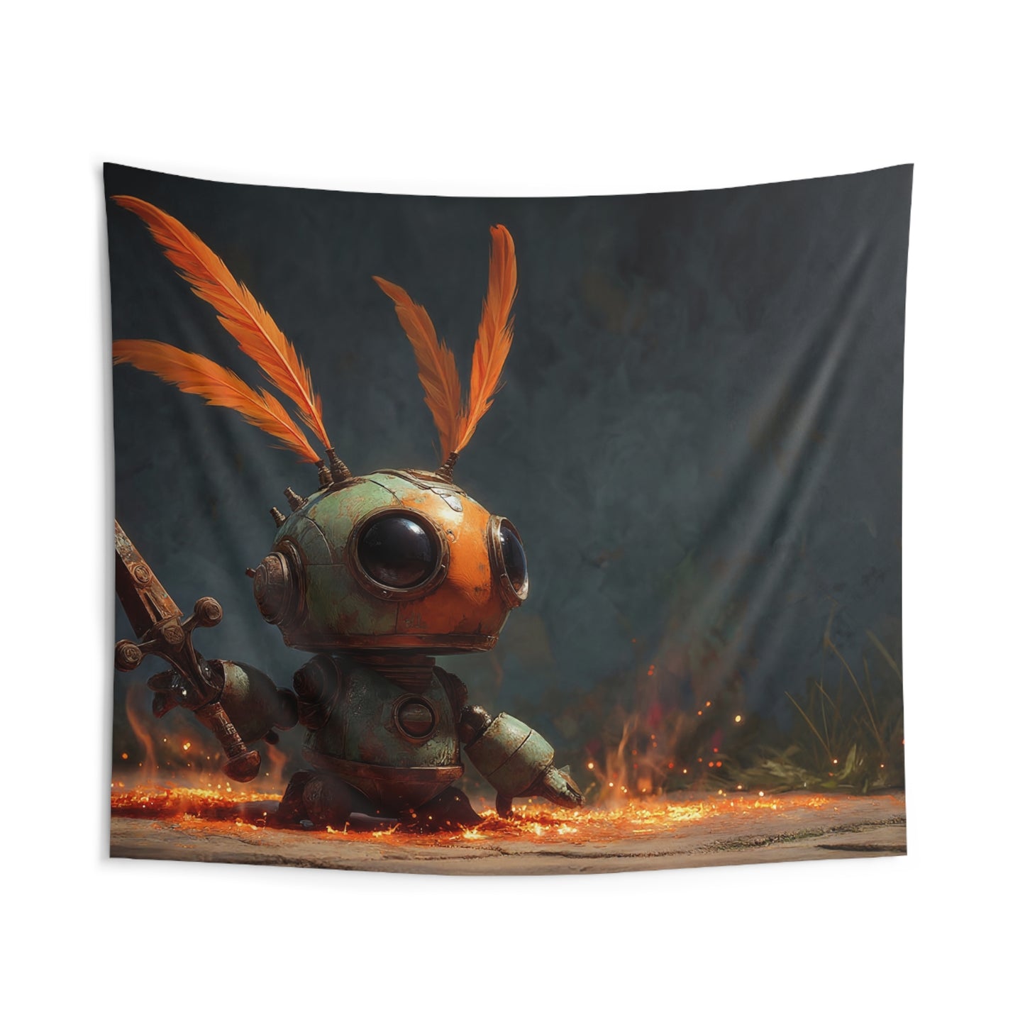 Feathery Robot Sentinel Indoor Wall Tapestries – Warm Glow in the Gloom