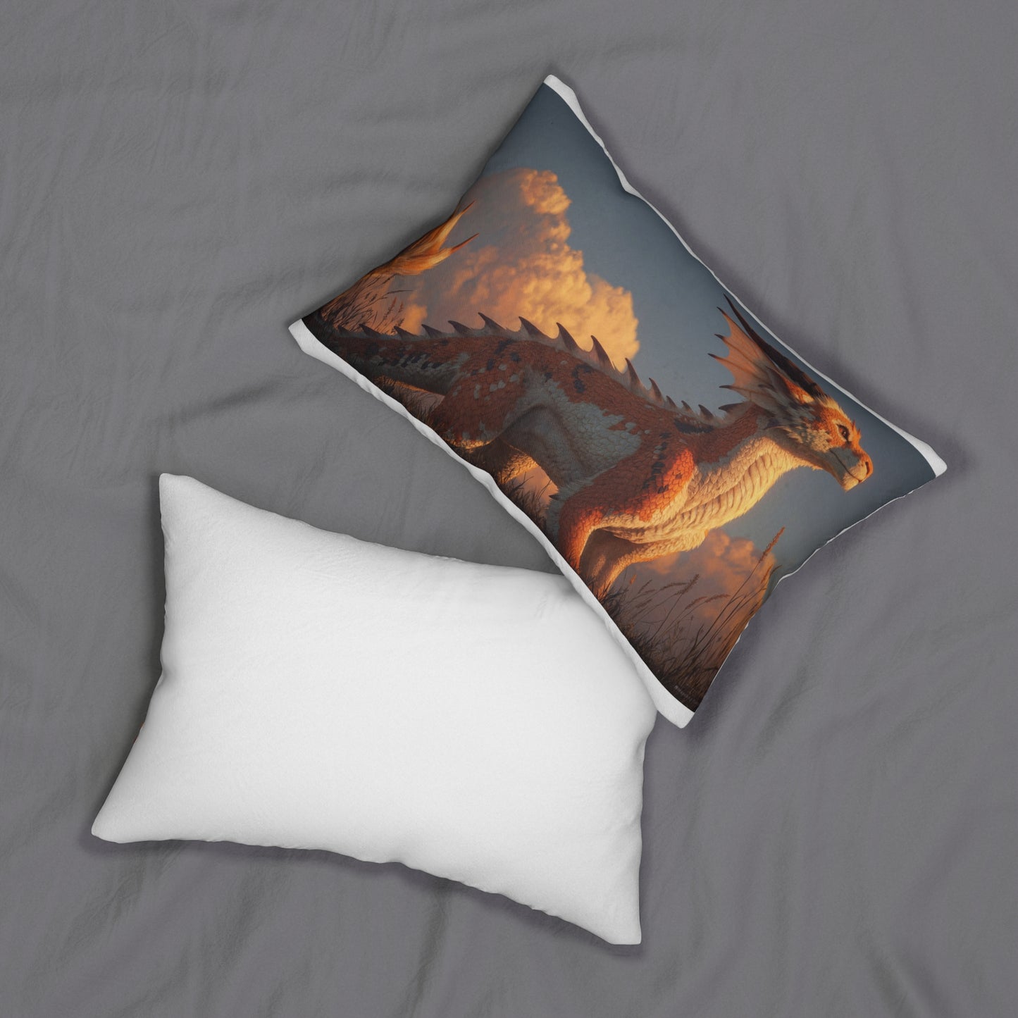 Sunset Sentinel Dragon Lumbar Pillow – Warm Amber Glow Through Tall Grasses