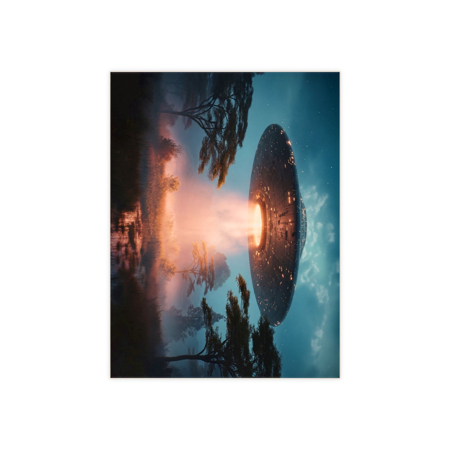 UFO Over Savannah Ceramic Photo Tile – Warm Light on Misty Earth