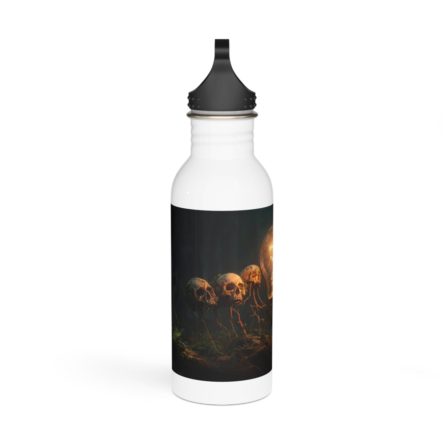 Glowing Lightbulb in Haunted Forest Stainless Steel Water Bottle – Wisdom’s Warm Glow Among the Roots