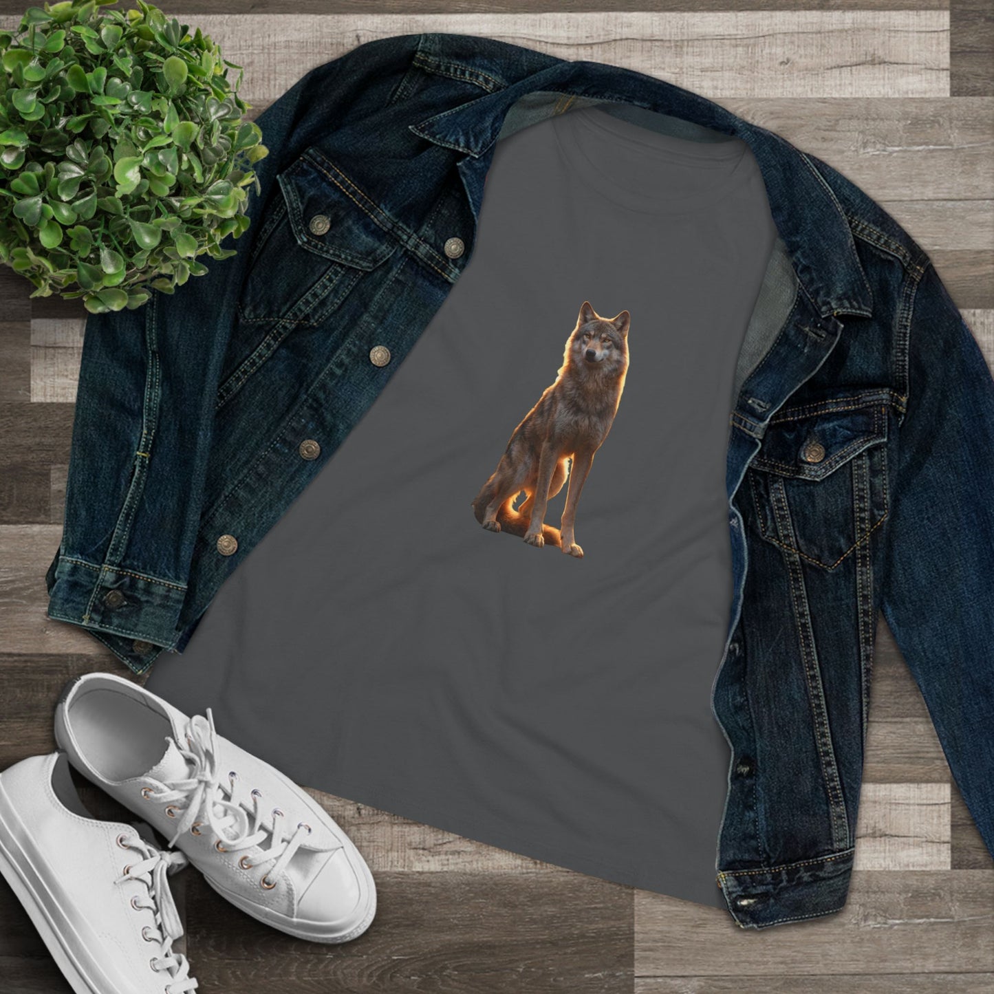 Sunlit Wolf Guardian Women's Cotton Tee – Amber Glow Sentinel