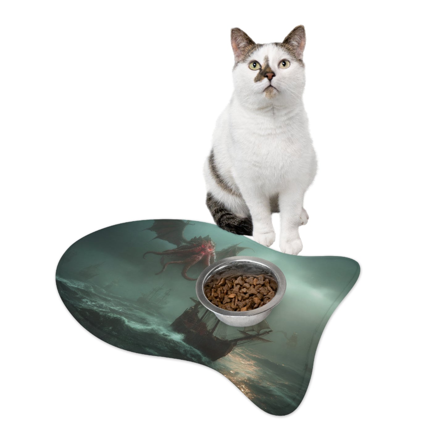 Crimson Leviathan Pet Feeding Mats – Storm-Caller Sea Monster Scene