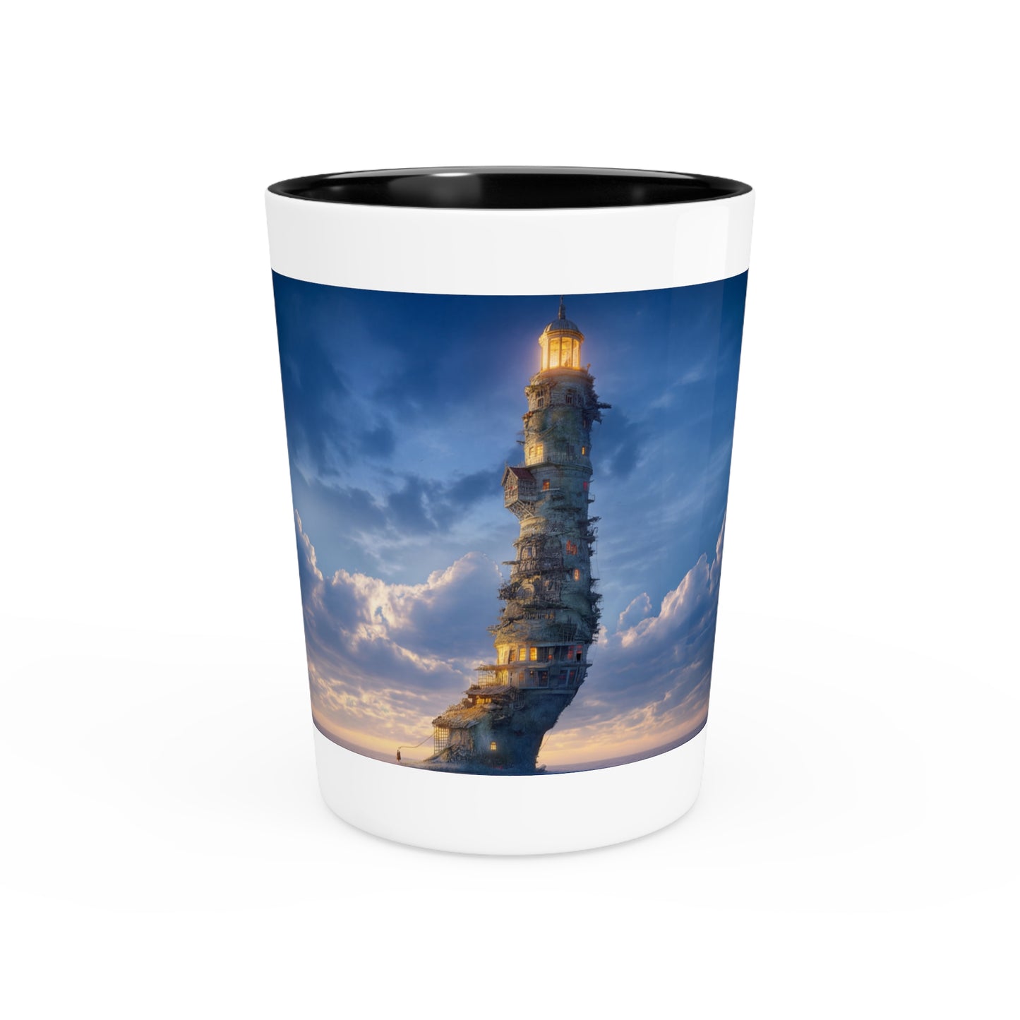 Skyborne Lighthouse Shot Glass – Warm Light Against the Azure Expanse