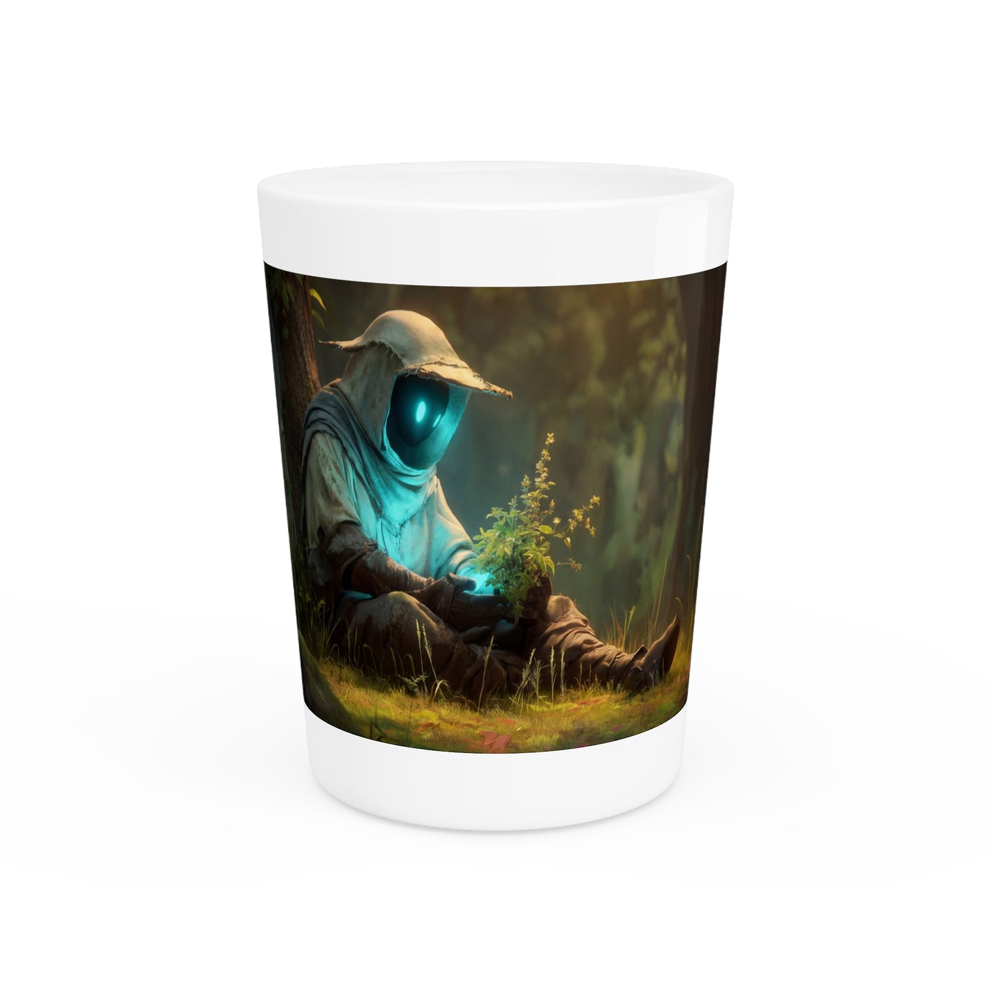 Forest Sentinel Shot Glass – Twilight Guardian with Glow-Cooled Plant