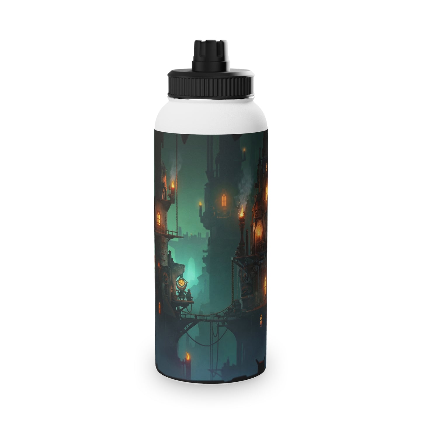 Floating City at Dusk Stainless Steel Water Bottle, Sports Lid – Amber Lanterns Over Misty Skyline